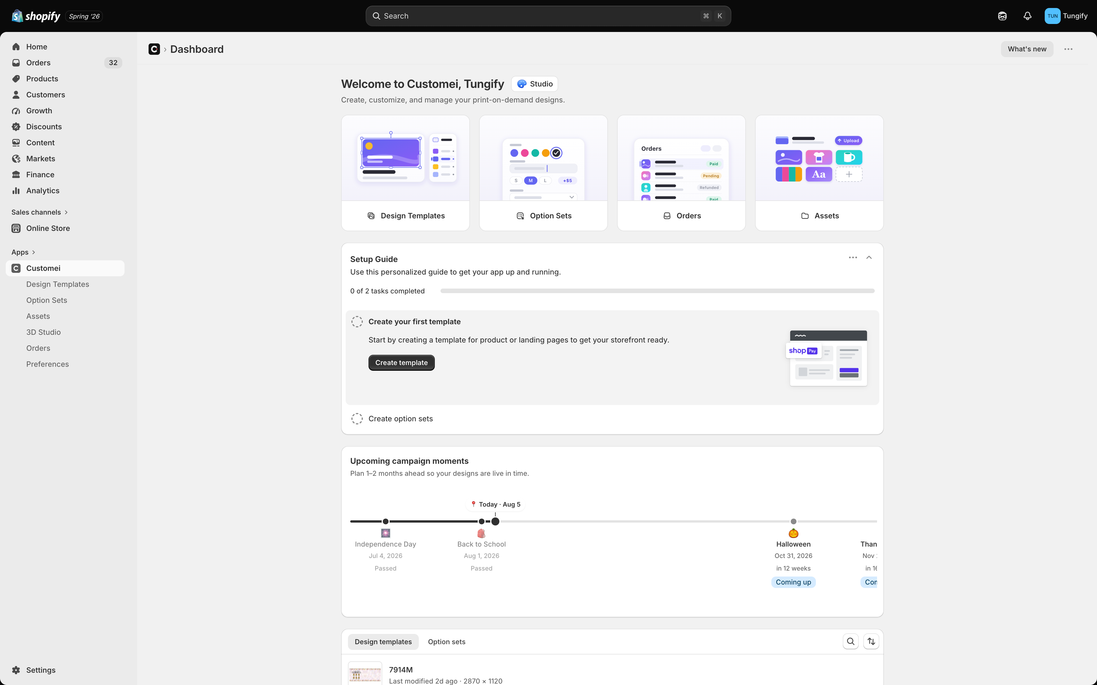 The Customei home page inside Shopify admin, showing the sidebar with Design Templates, Option Sets, Assets, Orders, and Preferences.
