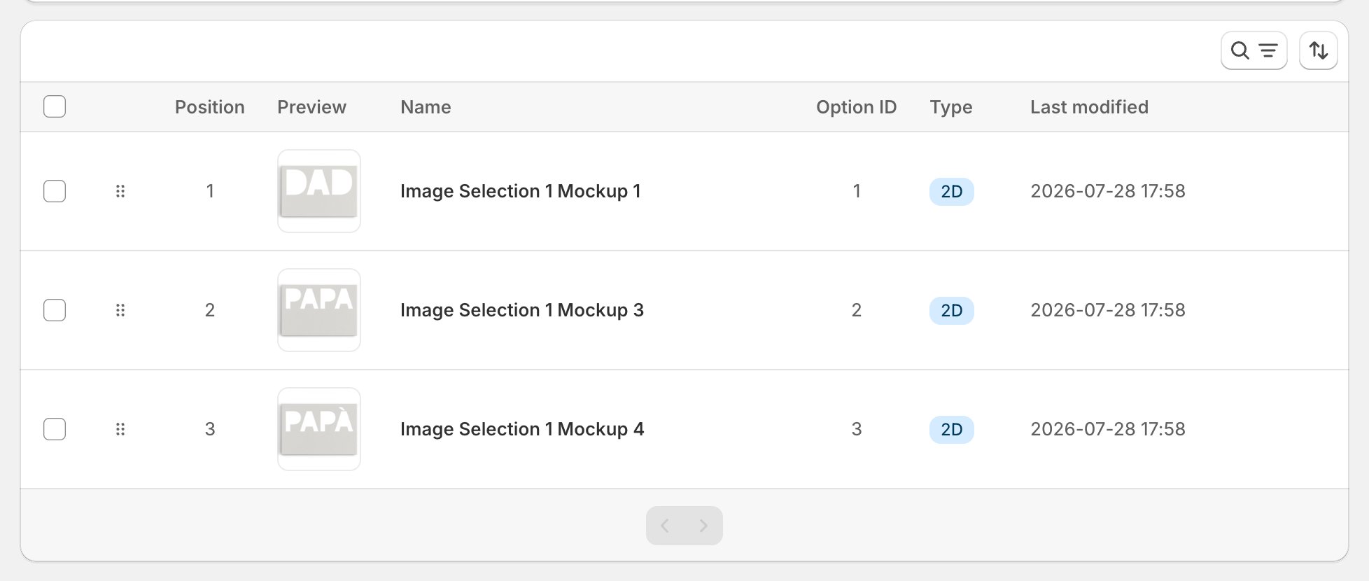 The item table inside a mockup library, listing three mockups with columns for position, preview, name, option ID, type marked 2D, and last modified.