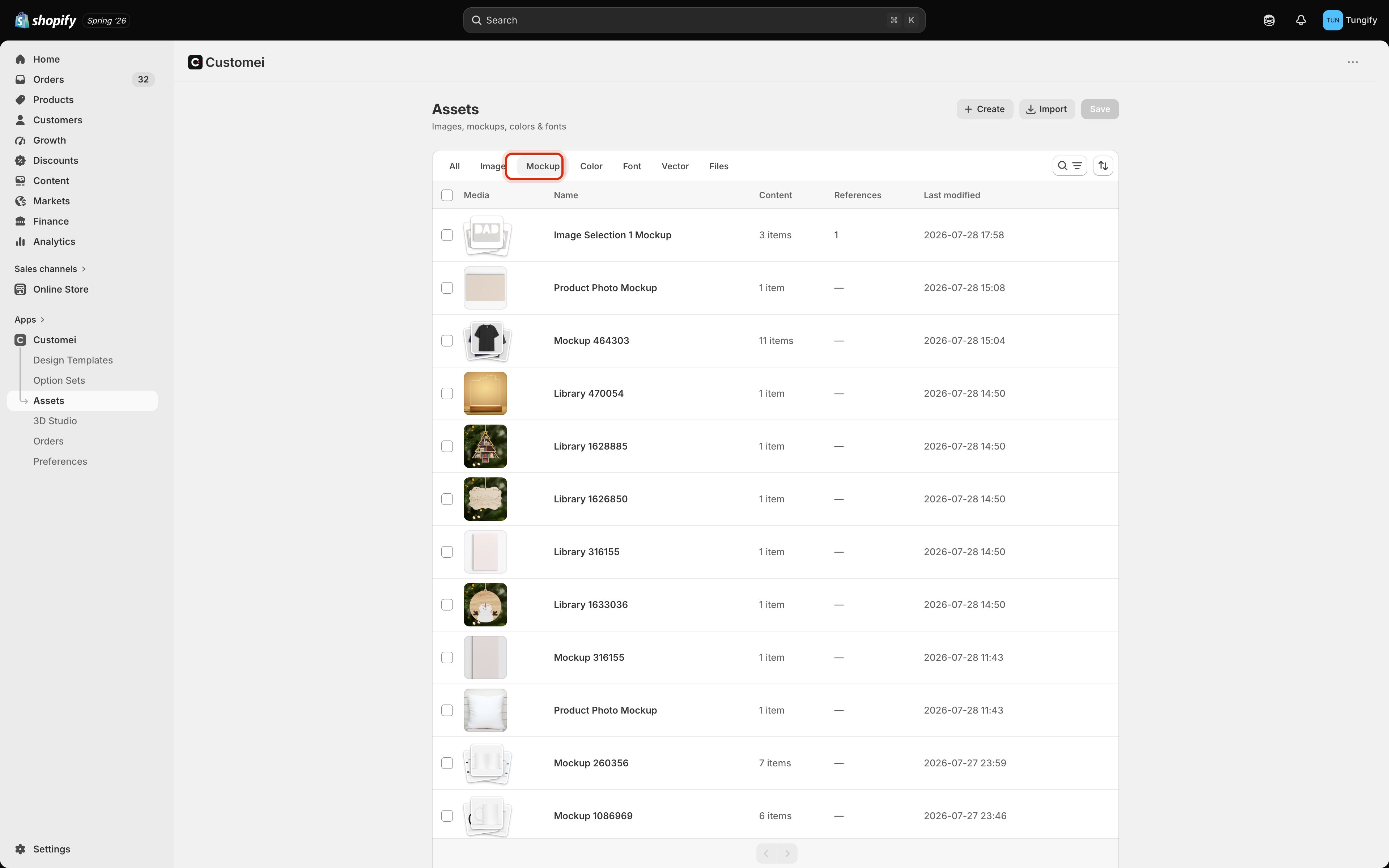 The Assets page with the Mockup tab highlighted, listing mockup libraries with their thumbnails, item counts, reference counts, and last-modified dates.