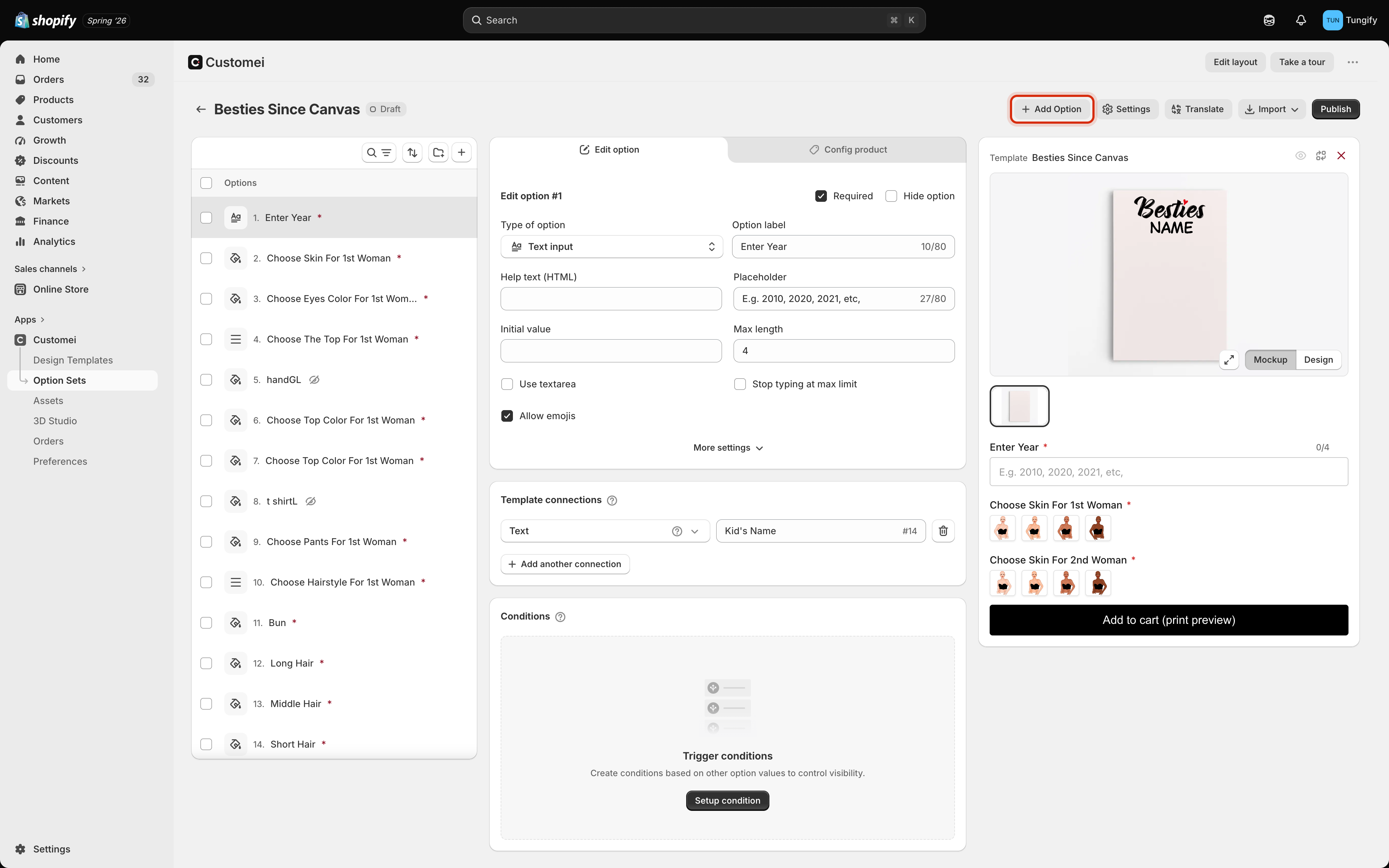 The option set editor with the Add Option button highlighted in the header.