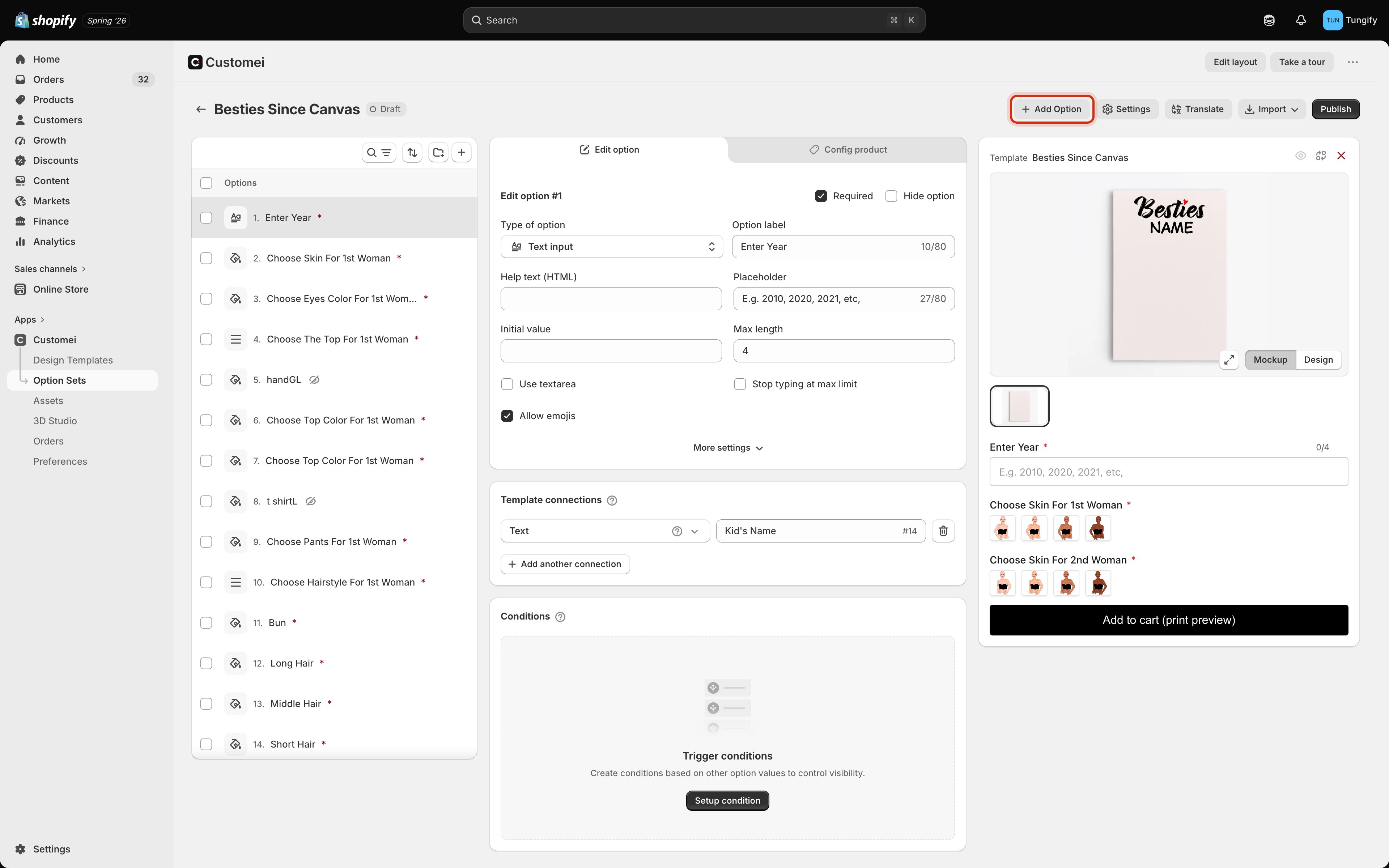 The option set editor with the Add Option button highlighted in the header.
