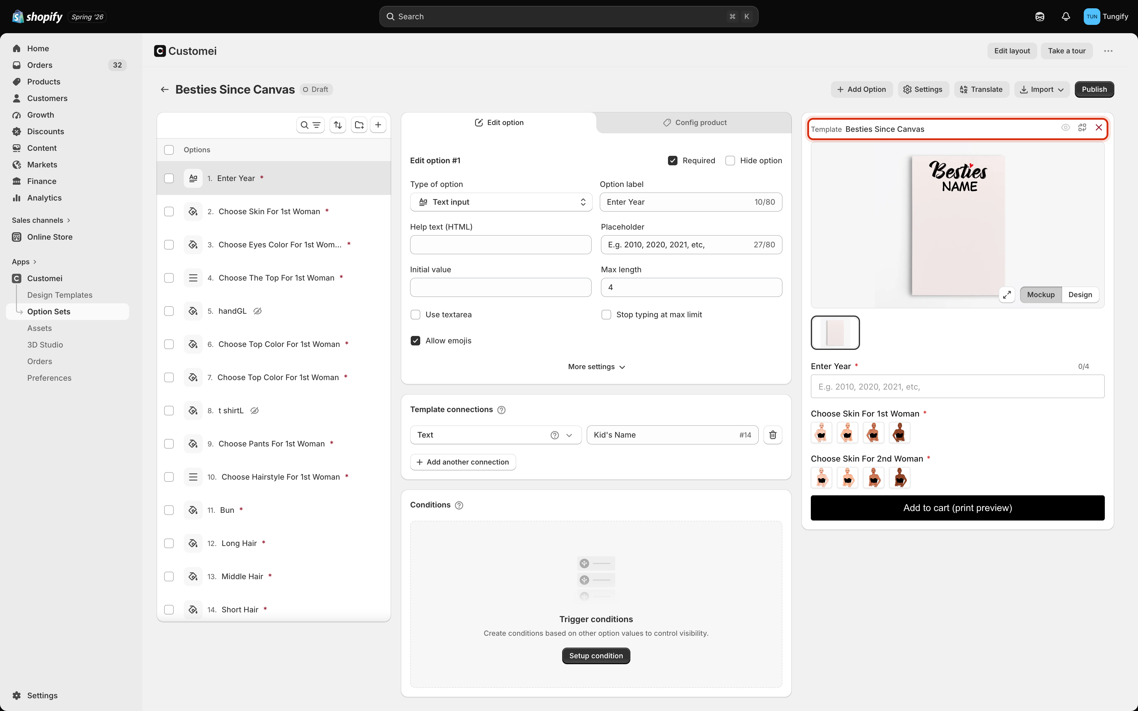 The option set editor with the preview panel header highlighted, showing the word Template followed by the template name and three icon buttons.