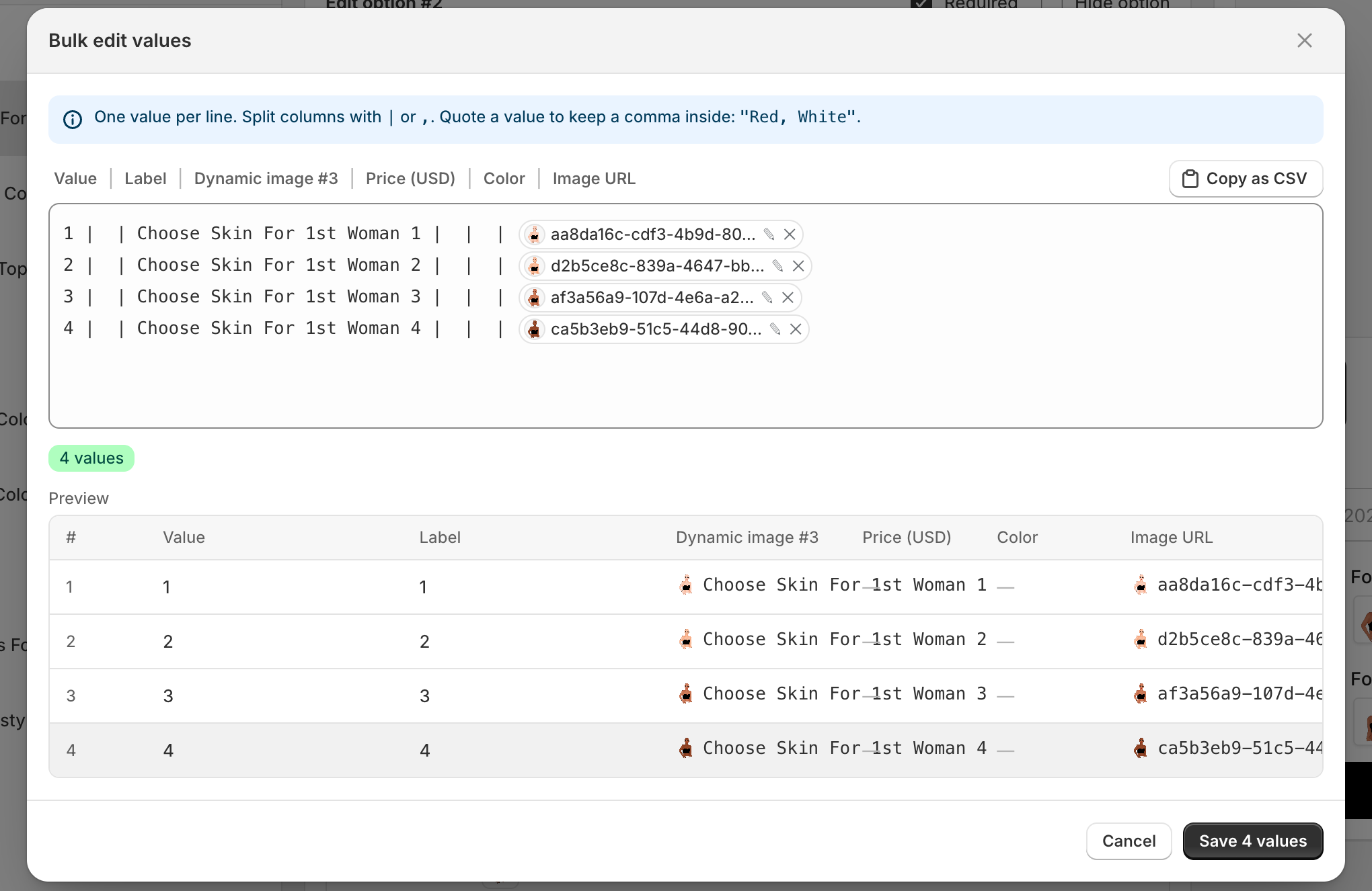 The Bulk edit values dialog, showing a hint about one value per line, a column header reading Value, Label, Dynamic image, Price in USD, Color and Image URL, a text area with four lines of values, a badge reading 4 values, a Preview table below, and Cancel and Save 4 values buttons.