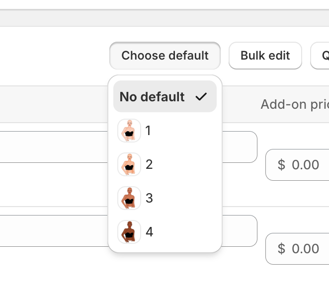 The Choose default popover open below its button, listing No default with a tick beside it, followed by four swatch values numbered 1 to 4.
