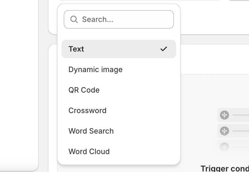 The connection type dropdown for a text option, listing Text, Dynamic image, QR Code, Crossword, Word Search and Word Cloud.