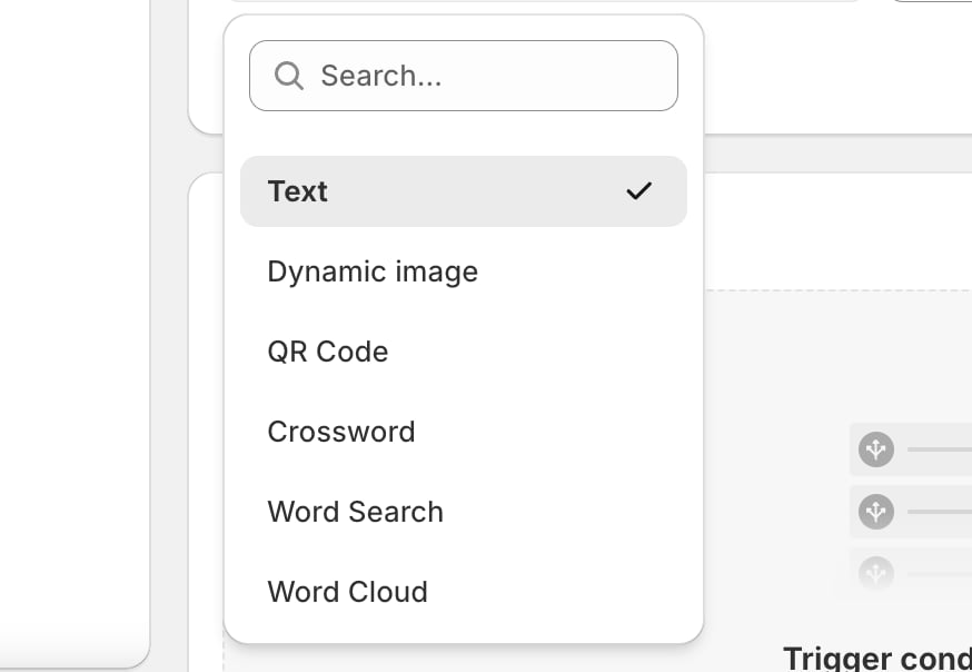 The connection type dropdown for a text option, listing Text, Dynamic image, QR Code, Crossword, Word Search and Word Cloud.