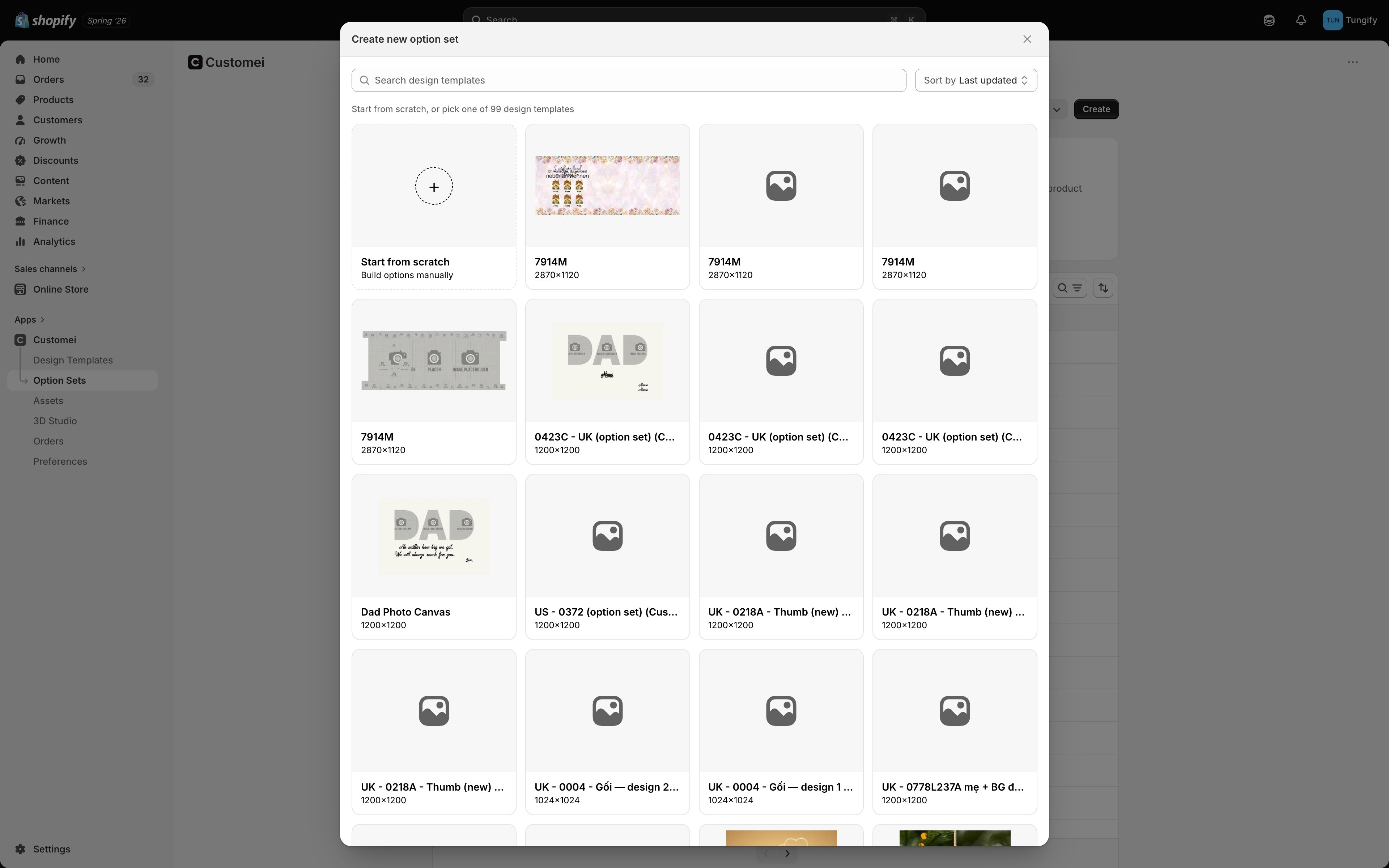 The create option set dialog showing a Search design templates box, a Sort by control, a Start from scratch card, and a grid of design template cards each with a name and pixel size.