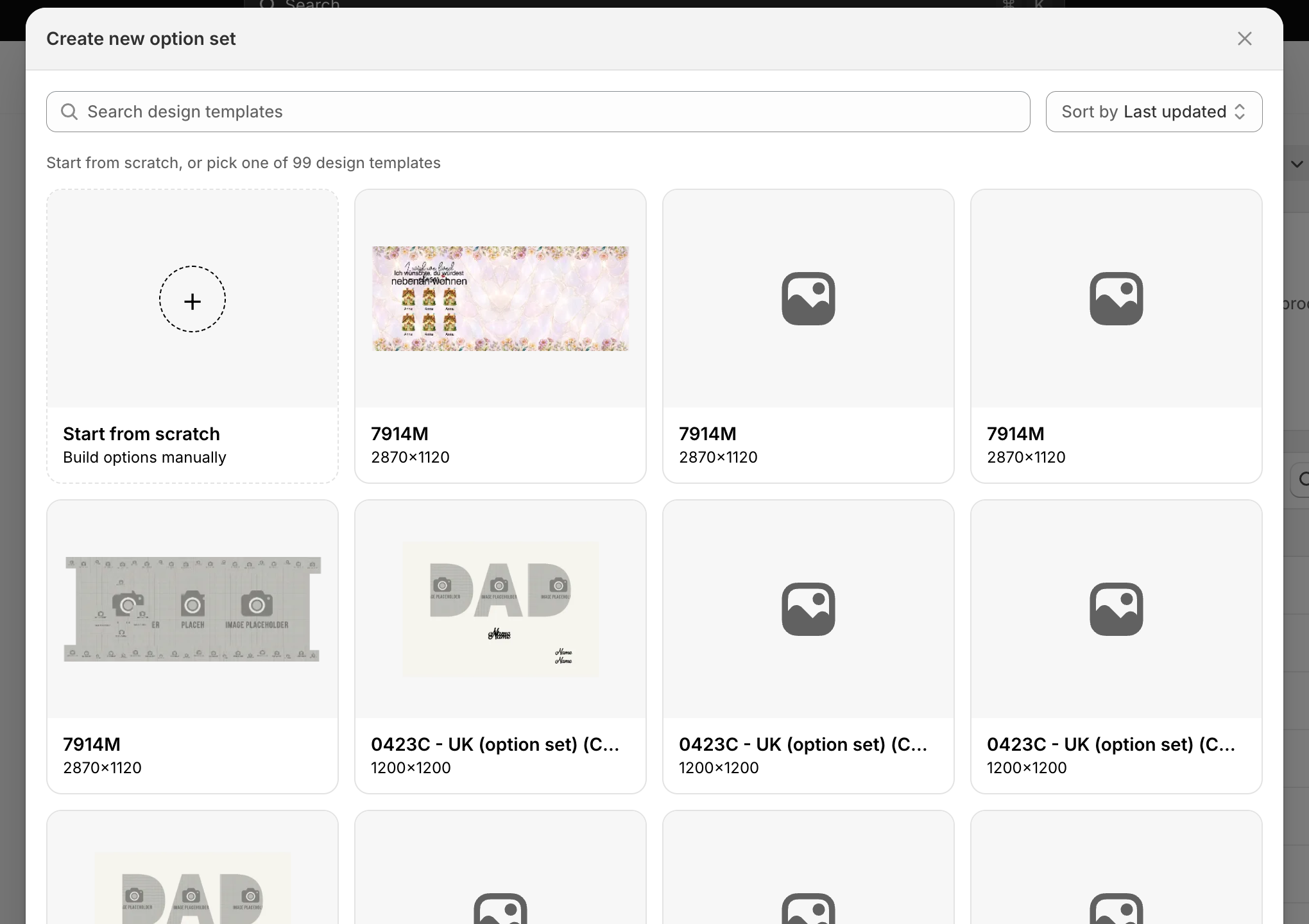 The Create new option set dialog, showing a Start from scratch card followed by a grid of design template cards to pick from.
