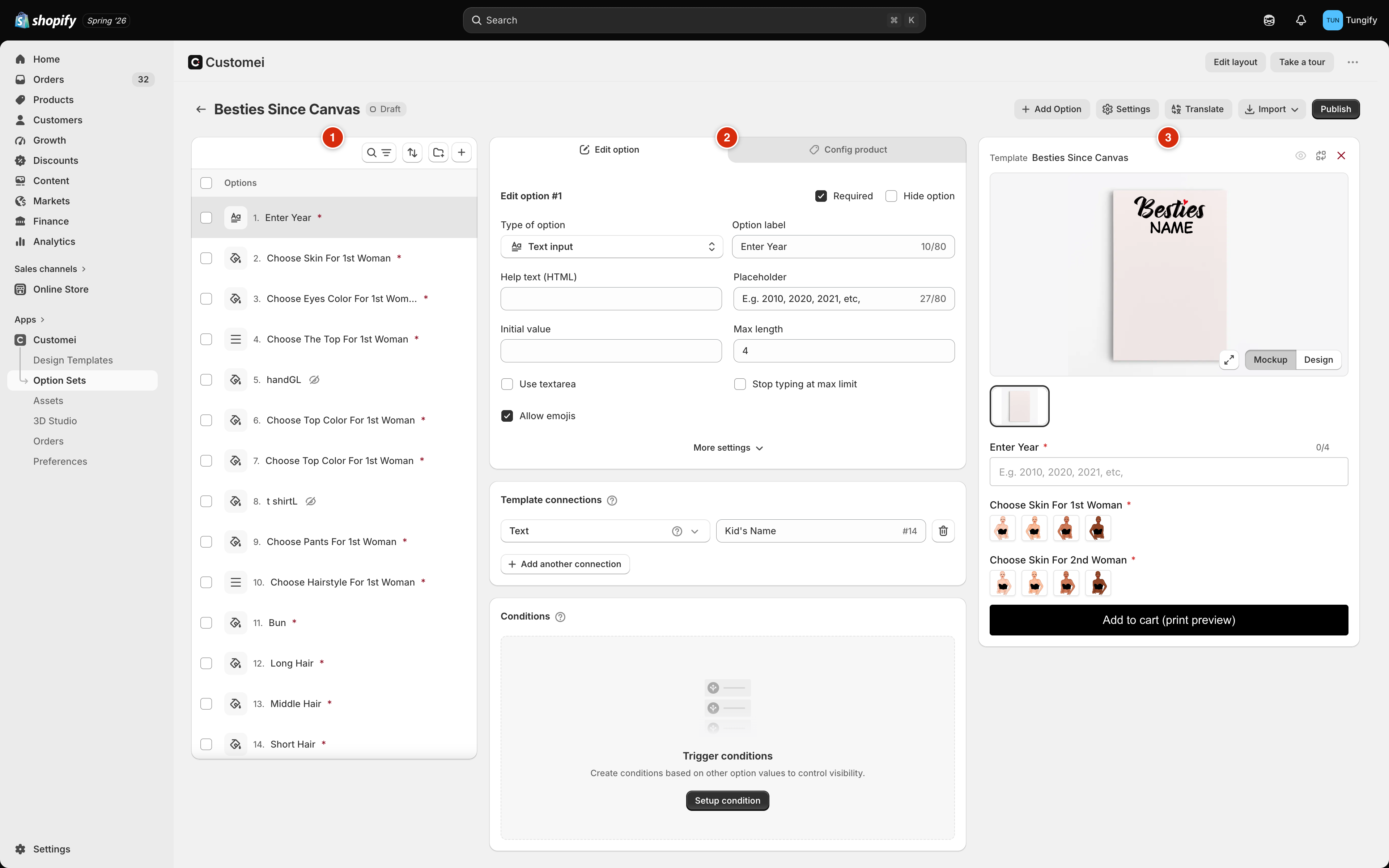 The option set editor with three numbered callouts: the options list on the left, the Edit option panel in the middle, and the template preview with a live product form on the right.