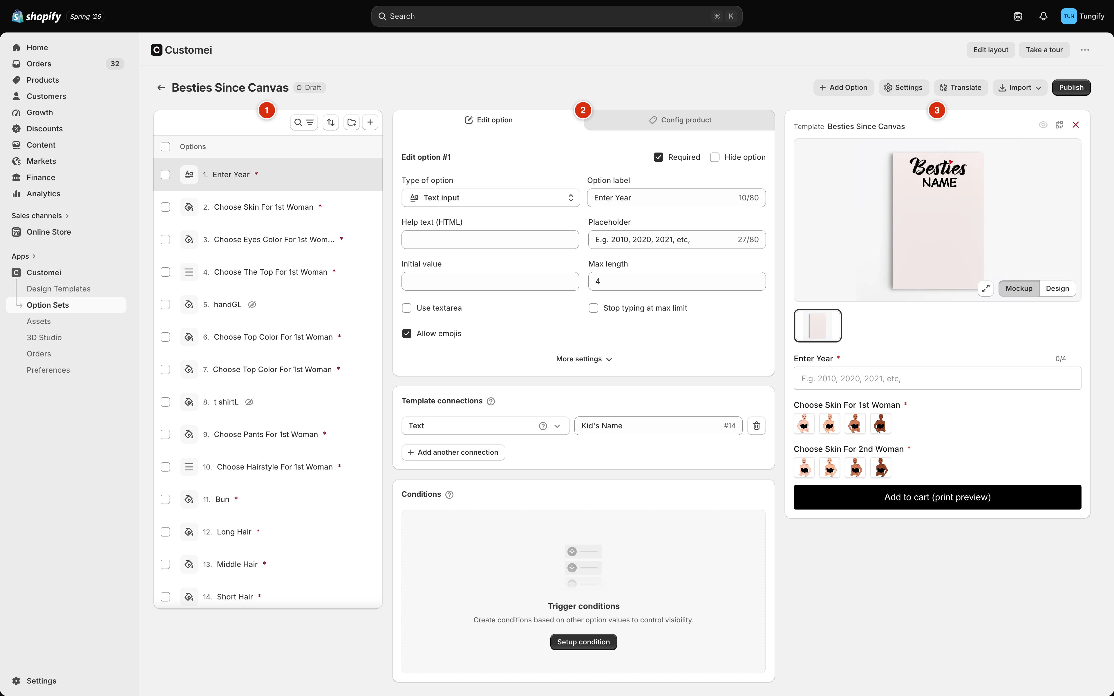 The option set editor with three numbered callouts: the options list on the left, the Edit option panel in the middle, and the template preview with a live product form on the right.