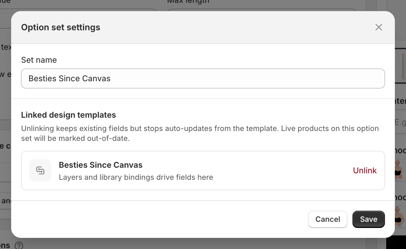 The Option set settings dialog showing the set name and a Linked design templates section listing one template with the note Layers and library bindings drive fields here, and an Unlink action.