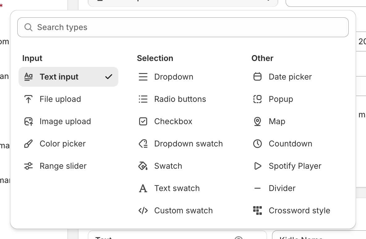 The option type picker showing three columns, Input, Selection and Other, with all available option types.