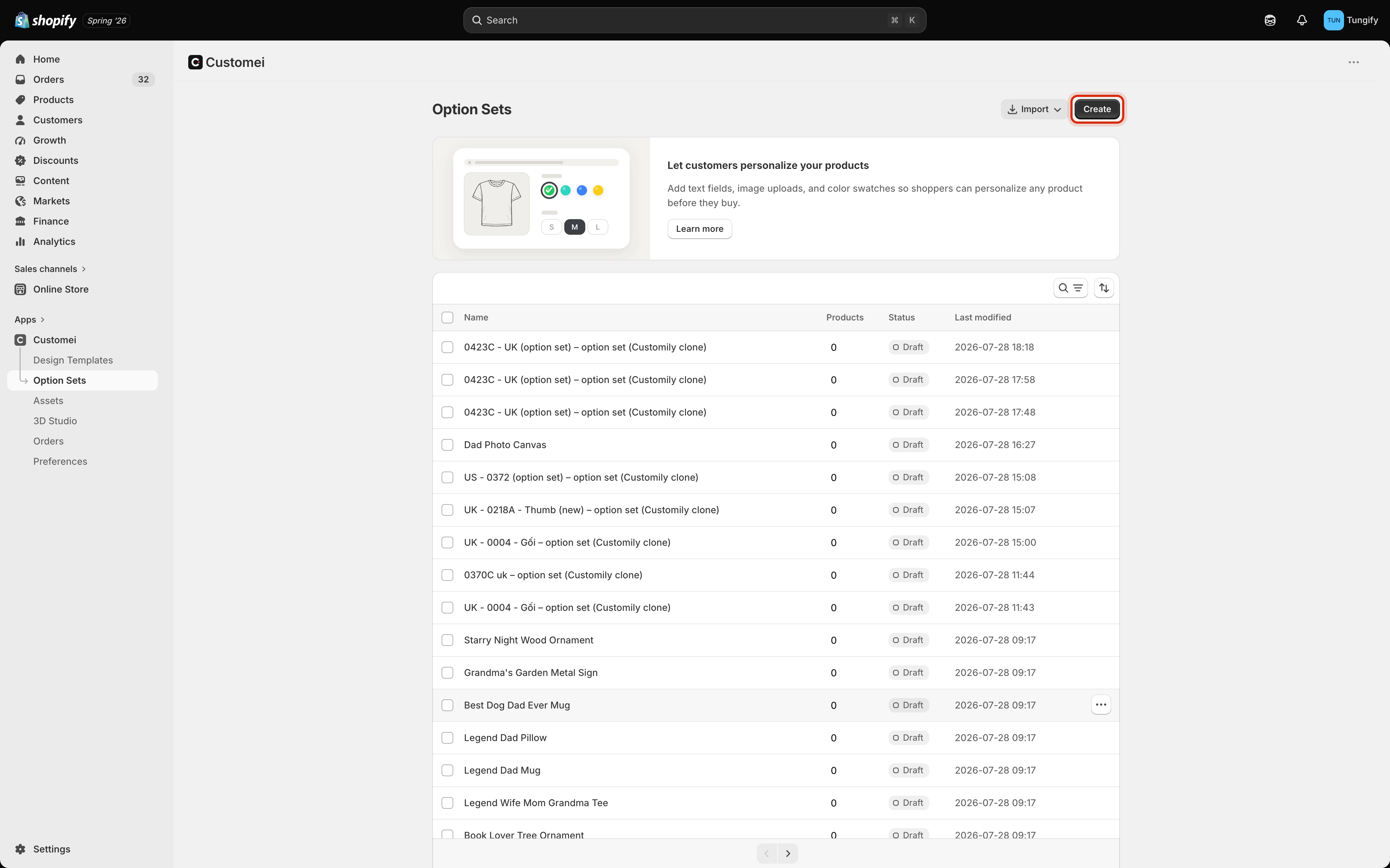 The Option Sets page listing option sets with columns for Name, Products, Status and Last modified. The Create button is highlighted.