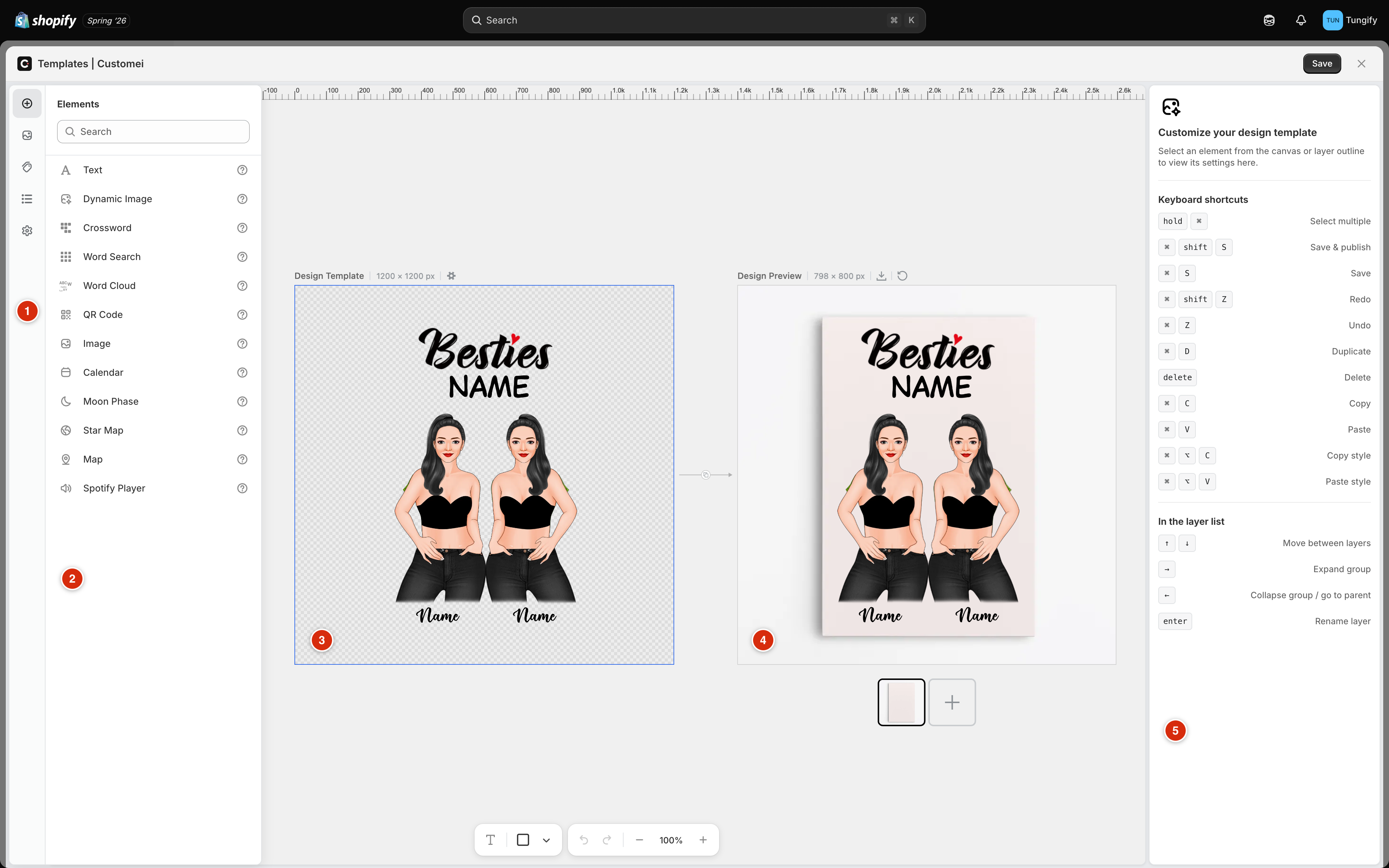 The design editor with five numbered callouts: the tool rail, the Elements panel, the Design Template canvas, the Design Preview mockup, and the right-hand settings panel.