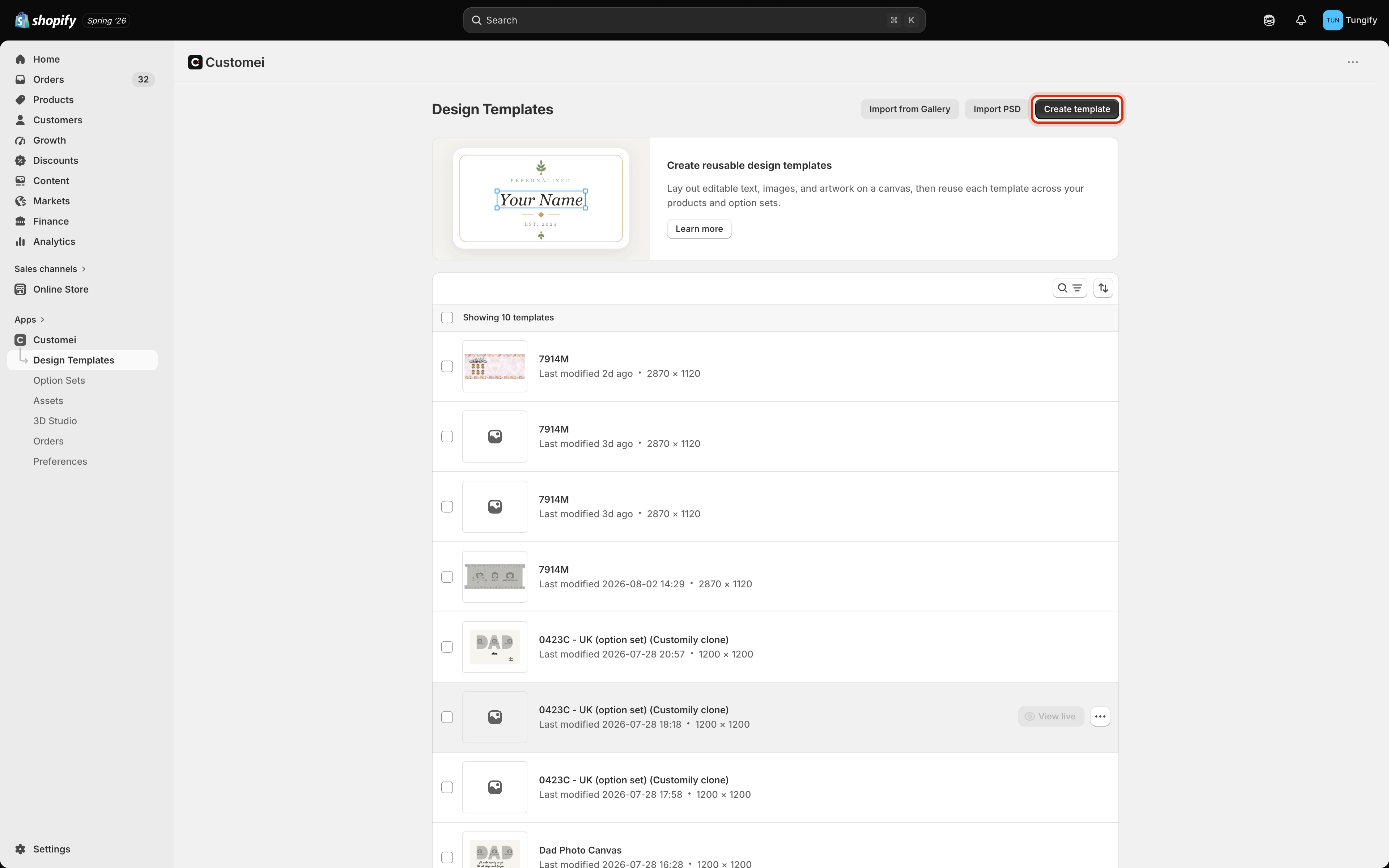 The Design Templates page with the Create template button highlighted in the top right.