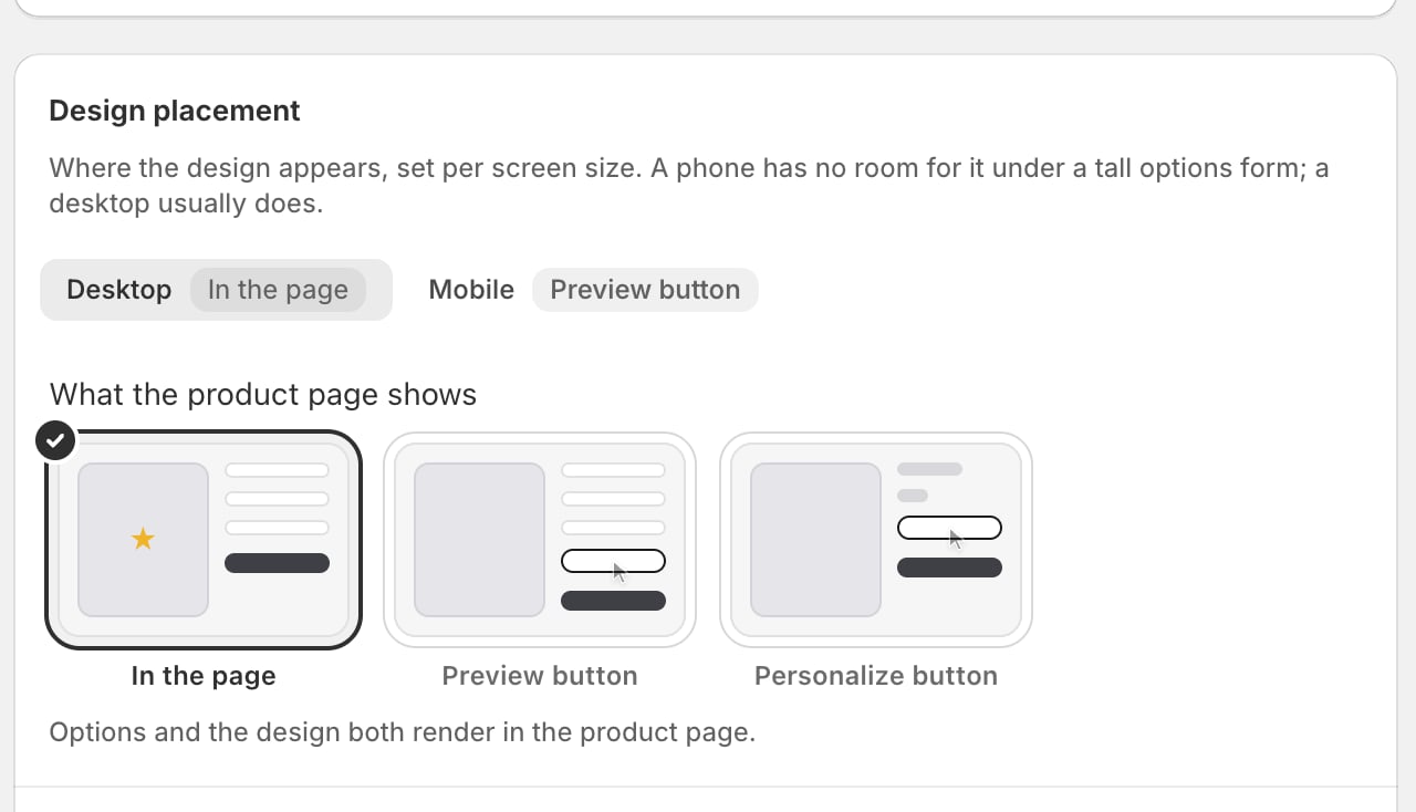 The Design placement card with Desktop and Mobile tabs, and three diagram cards: In the page (selected), Preview button and Personalize button.