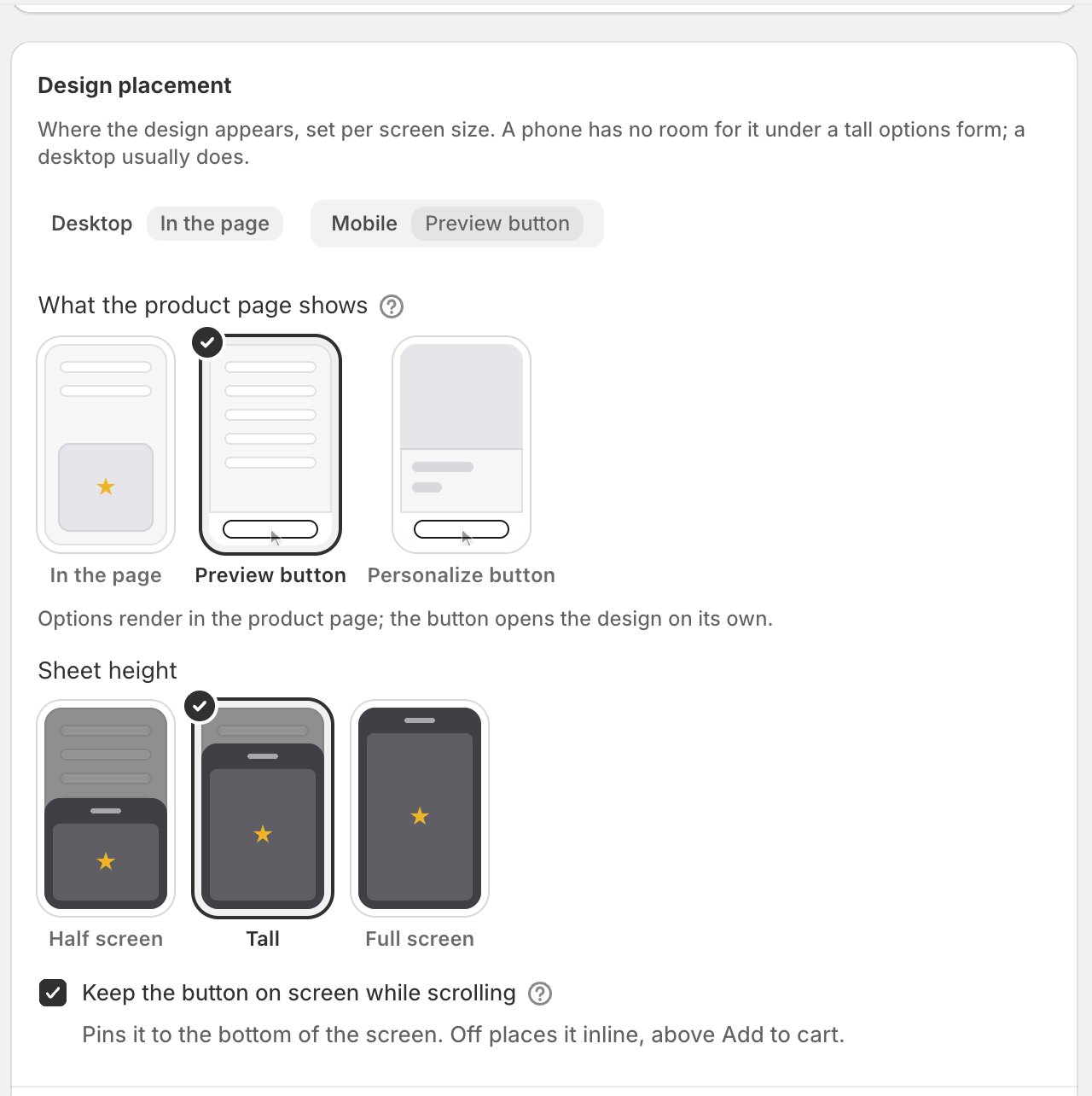 The Mobile tab of Design placement showing phone diagrams for In the page, Preview button and Personalize button, a Sheet height picker with Half screen, Tall and Full screen, and the Keep the button on screen while scrolling checkbox.
