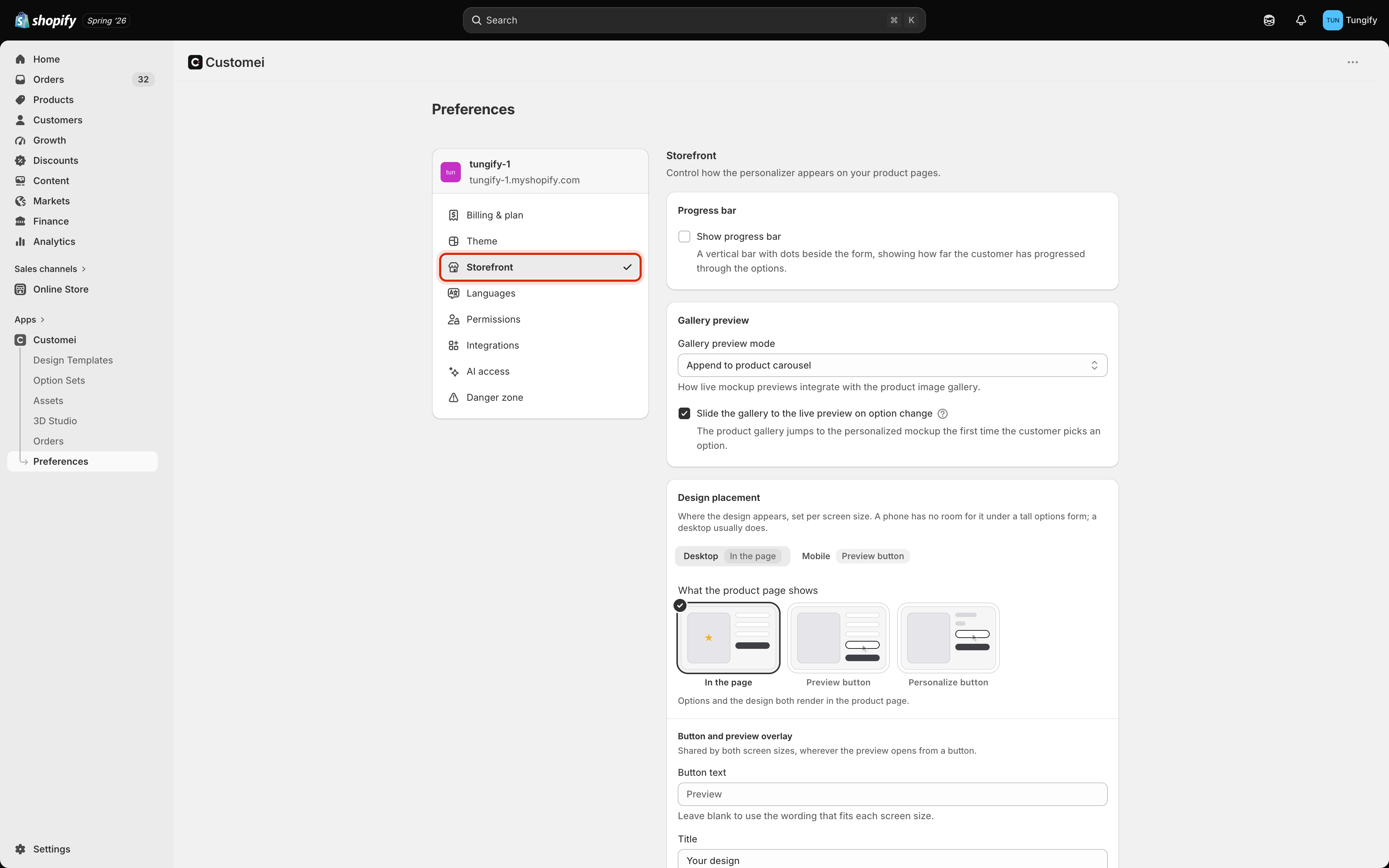 The Storefront tab in Customei preferences with the Storefront menu item highlighted, showing the Progress bar, Gallery preview and Design placement cards.