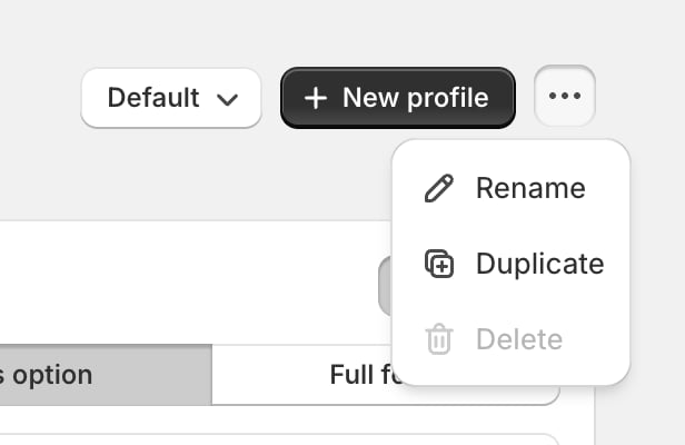 The theme toolbar showing a Default profile dropdown, a New profile button, and an open menu with Rename, Duplicate and a greyed-out Delete.