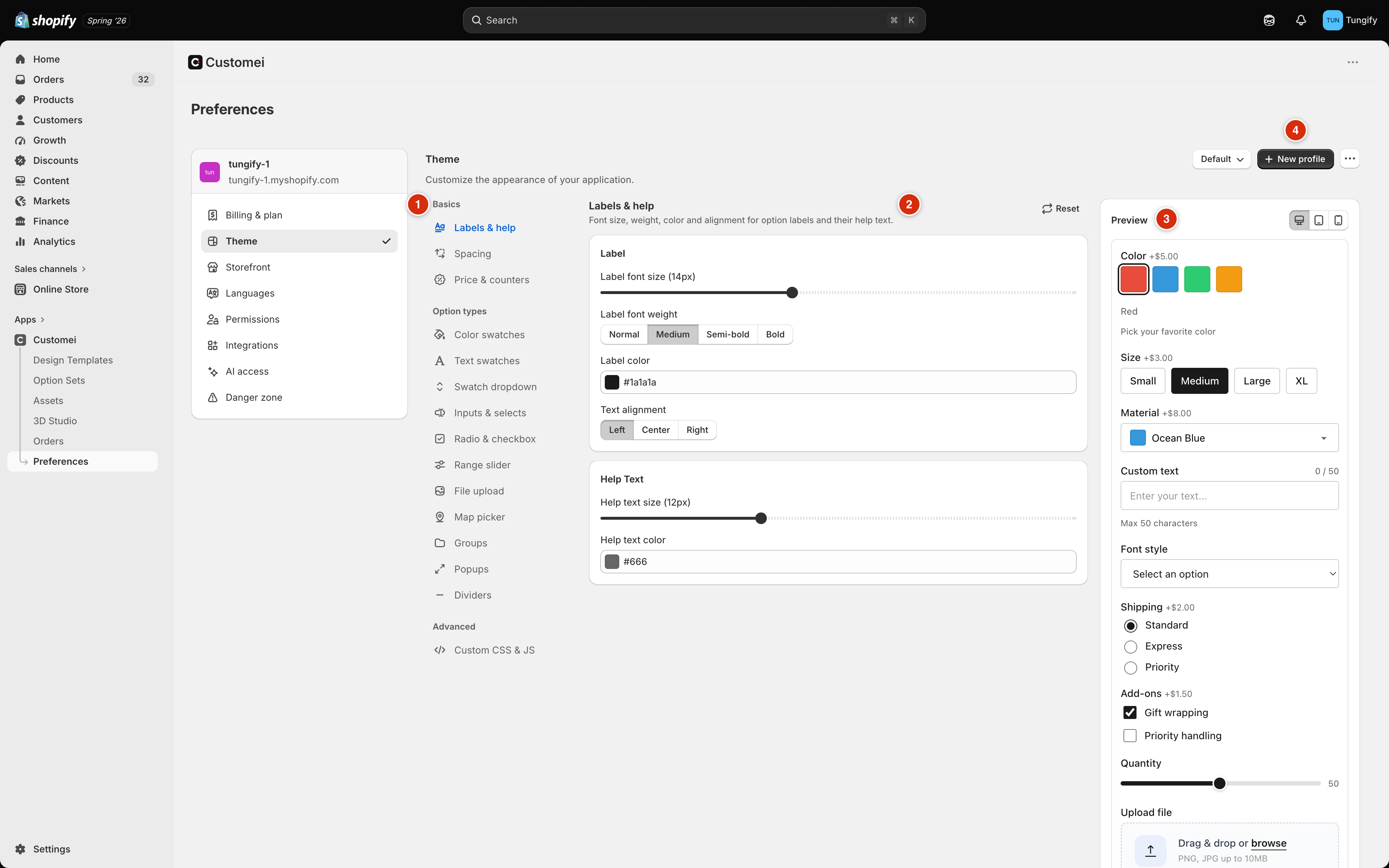 The Theme tab in Customei preferences, in three columns: a category list with Basics, Option types and Advanced, the settings for Labels and help, and a live Preview panel showing a sample personalization form.