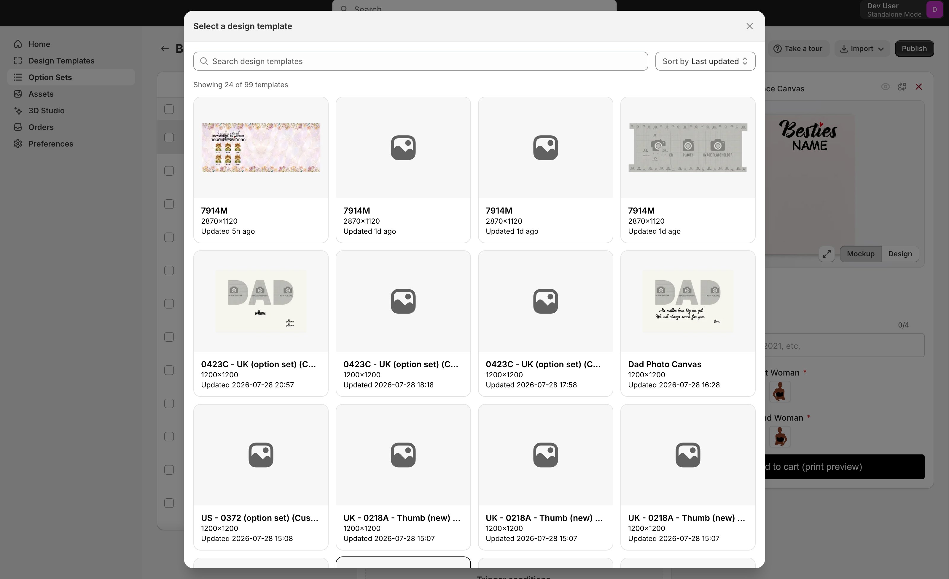 The Select a design template dialog showing a searchable grid of design template cards with their sizes and last-updated dates.
