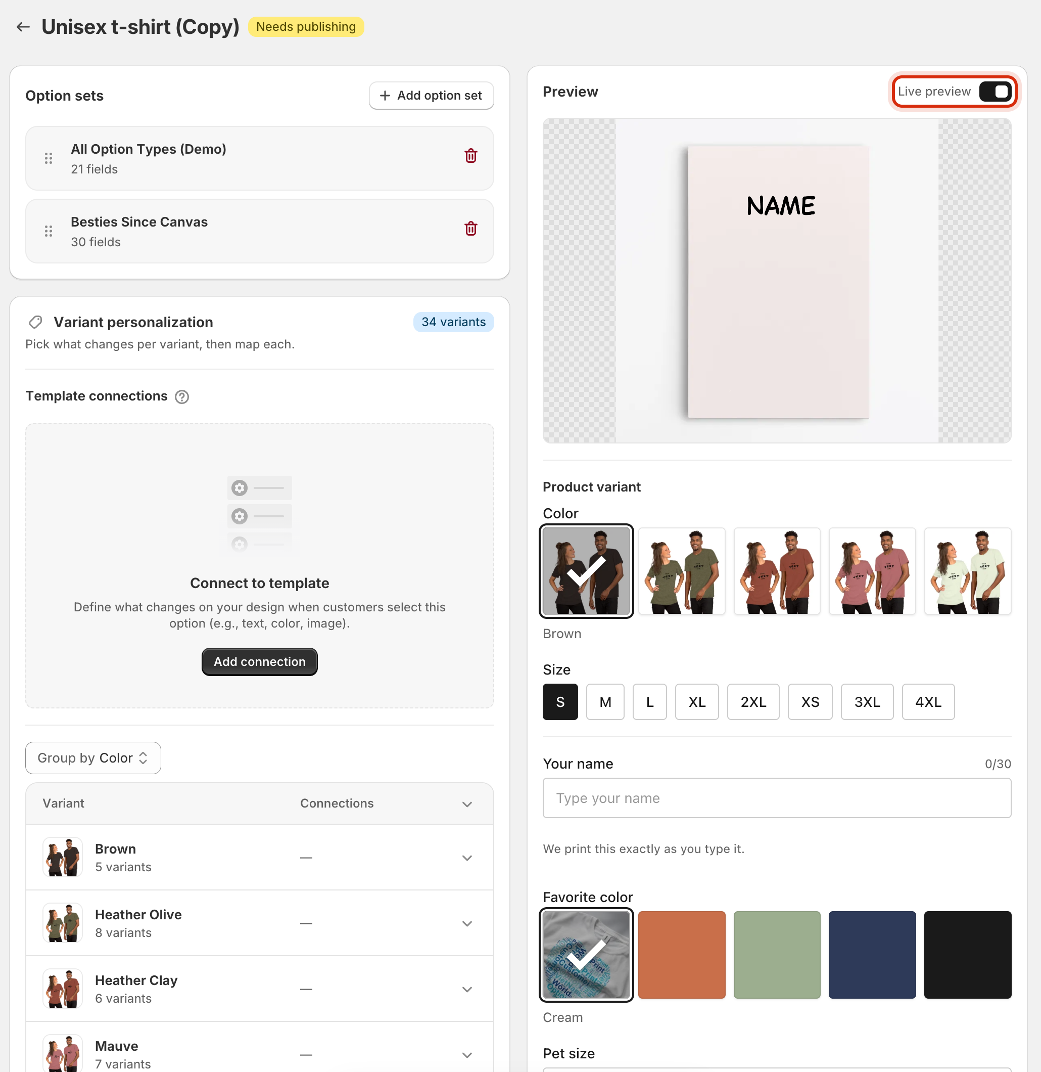 A product page in Customei with an Option sets card listing the attached option set, a Variant personalization card below it, and a Preview card on the right with the Live preview switch outlined.