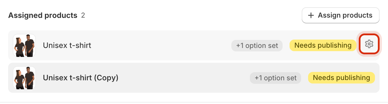A product row in the Assigned products list with the gear-shaped Product settings button outlined at the end of the row.