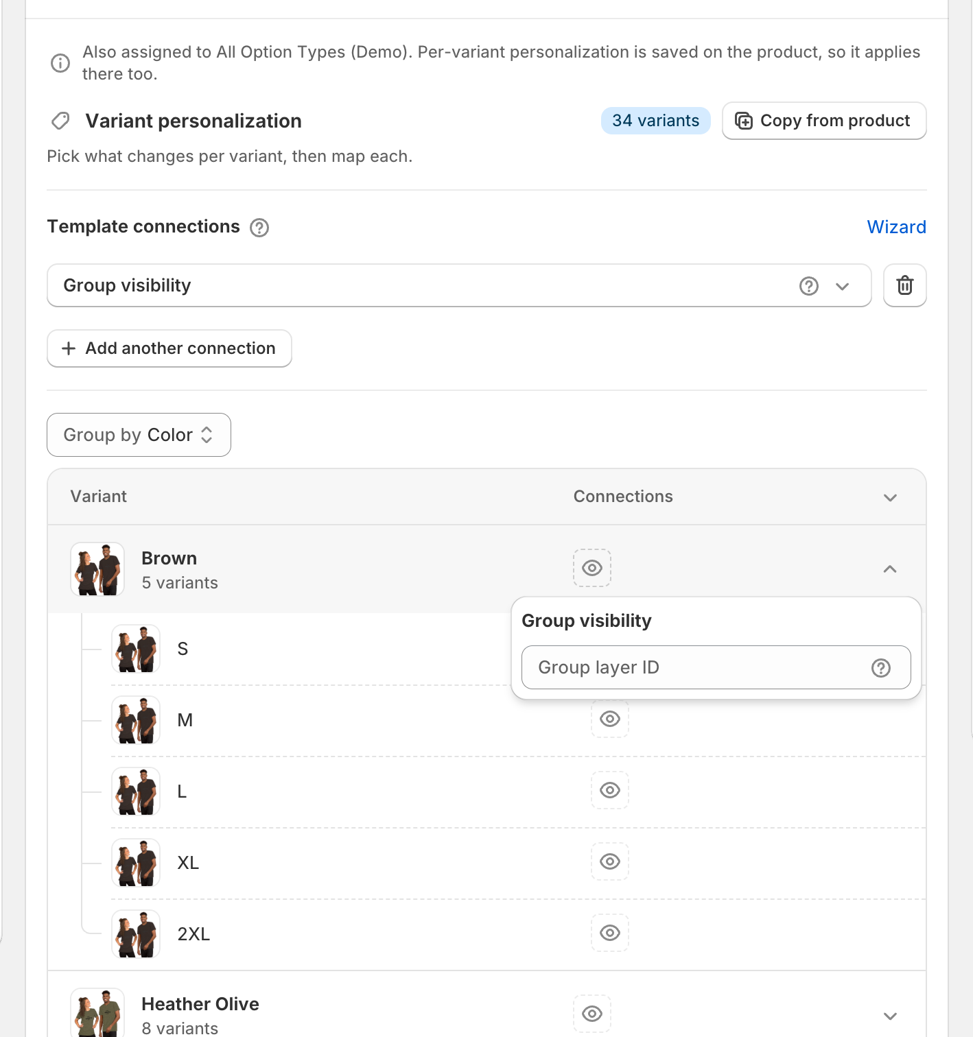 The Variant personalization section showing a variant count, the Copy from product button, Template connections with a Wizard link, a Group by control, and a table of variants grouped by Color.