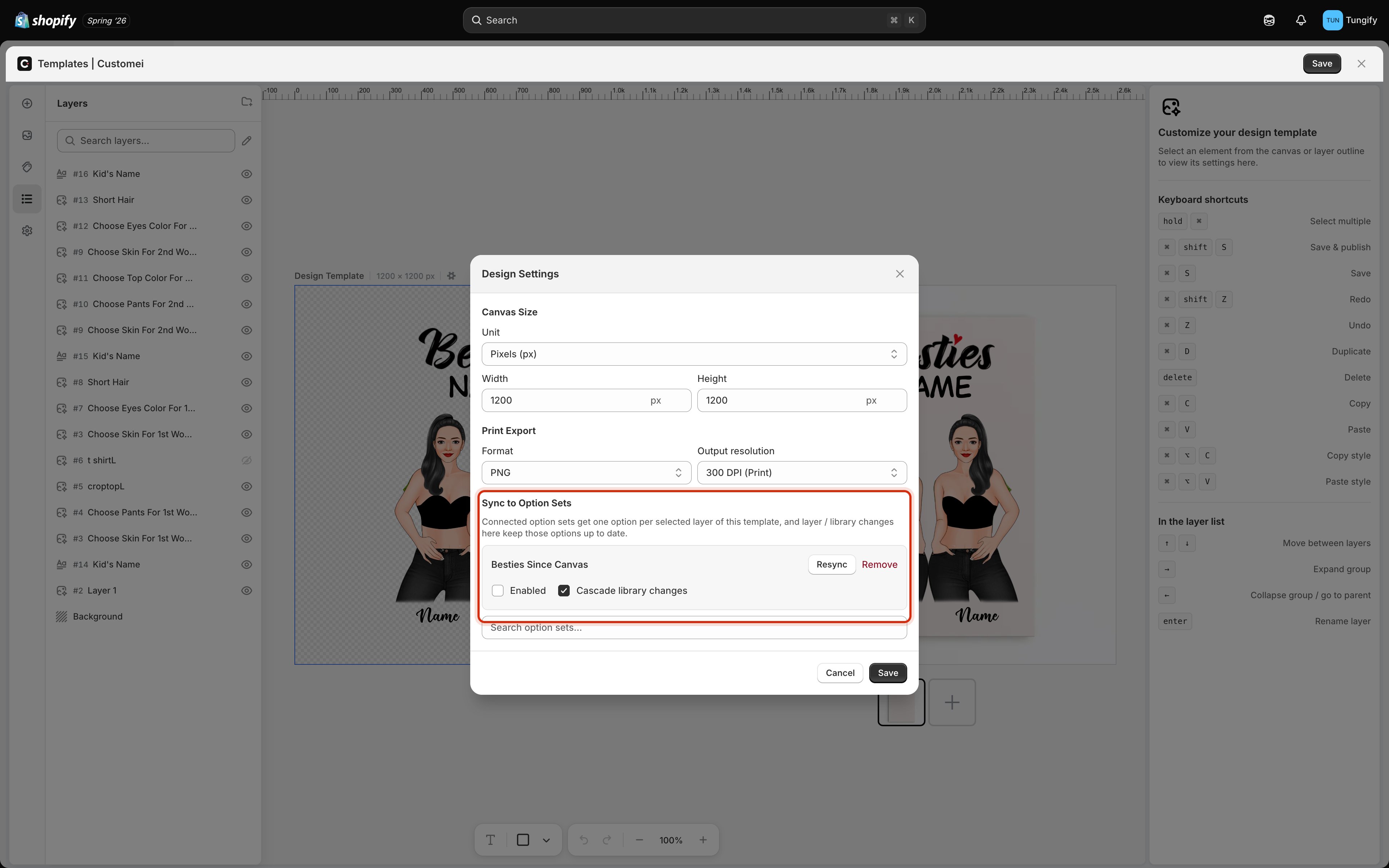 The Sync to Option Sets section of Design Settings outlined, showing the option set Besties Since Canvas with Resync and Remove buttons, an Enabled tickbox, a Cascade library changes tickbox, and a Search option sets box.