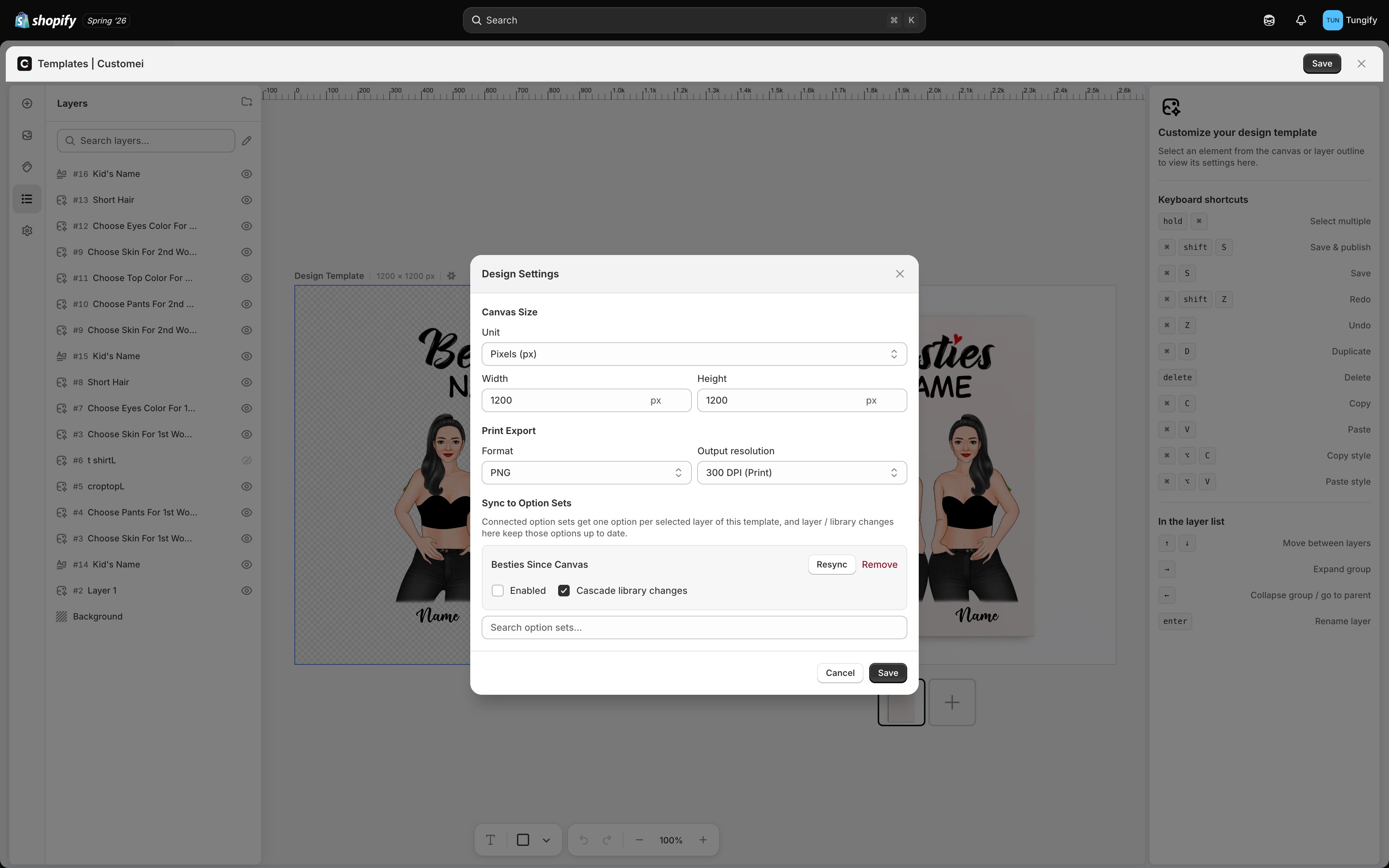 The Design Settings window over the template editor, with Canvas Size showing Unit, Width and Height, Print Export showing Format PNG and Output resolution 300 DPI, and a Sync to Option Sets section.