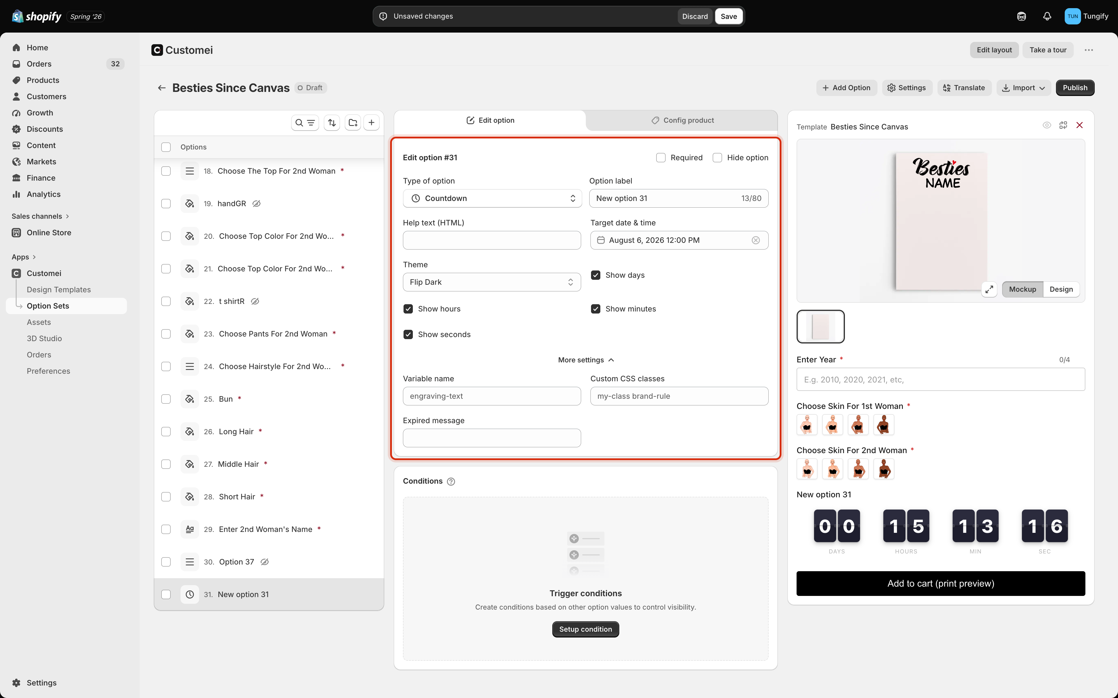 The option set editor with the countdown settings card outlined, showing Target date and time, a Theme dropdown set to Flip Dark, and Show days, hours, minutes and seconds tickboxes.