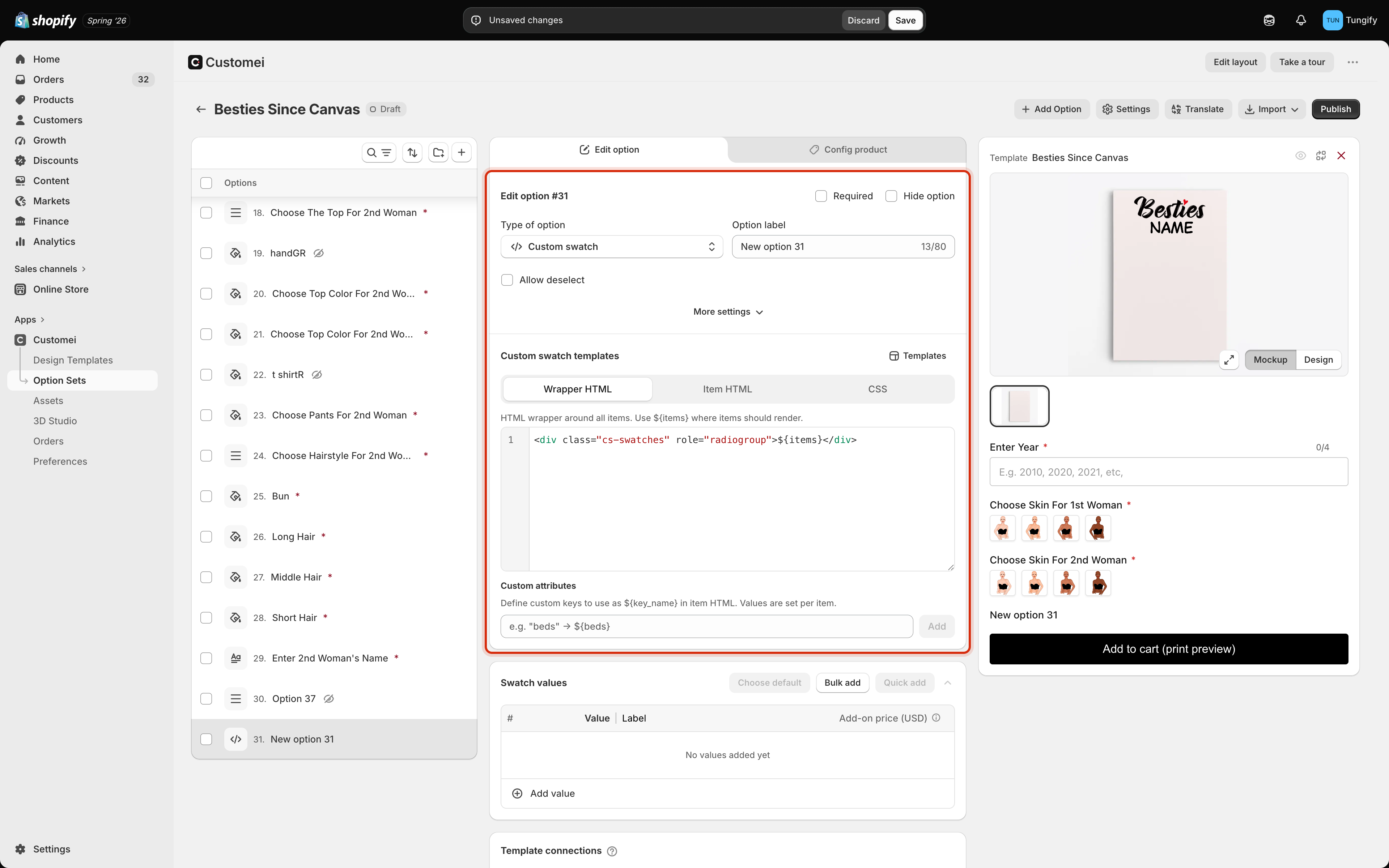 The option set editor with the Custom swatch templates card outlined, showing the Templates button, the Wrapper HTML, Item HTML and CSS tabs, a code box containing a div with a cs-swatches class, and the Custom attributes field.