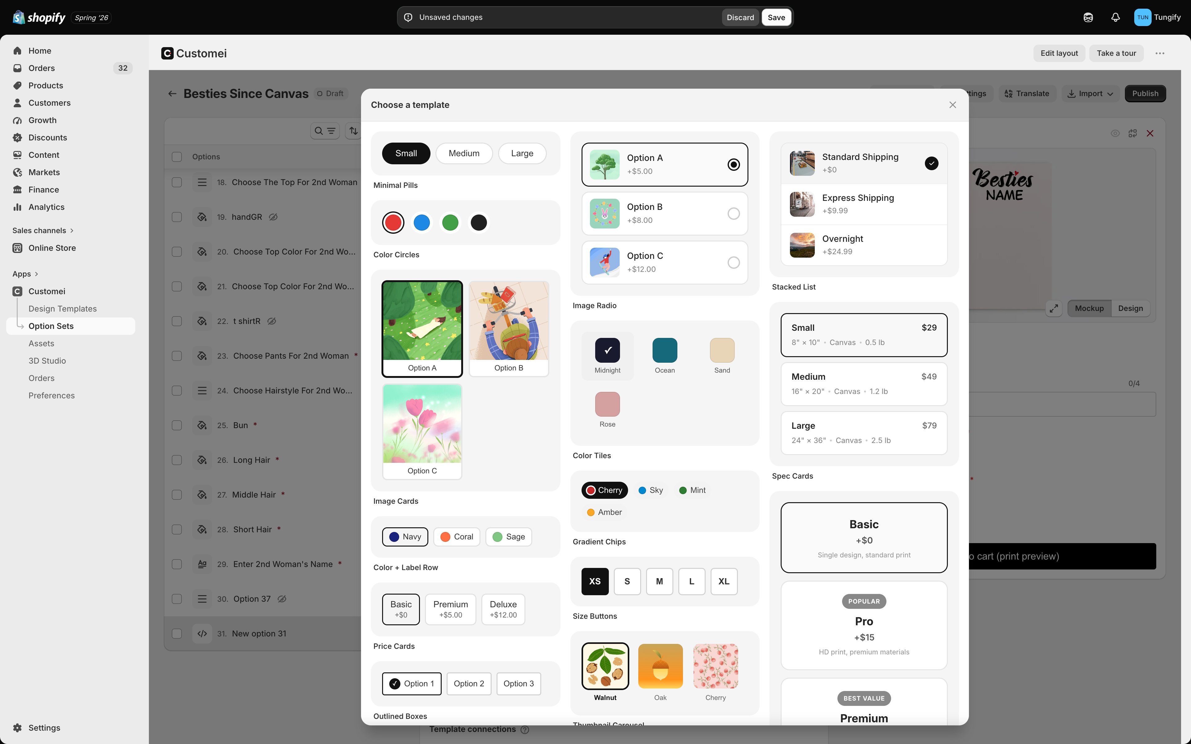 The Choose a template gallery showing live previews of layouts including Minimal Pills, Color Circles, Image Cards, Colour and Label Row, Price Cards, Outlined Boxes, Image Radio, Colour Tiles, Gradient Chips, Size Buttons, Thumbnail Carousel, Stacked List, Spec Cards and Feature Tiers.
