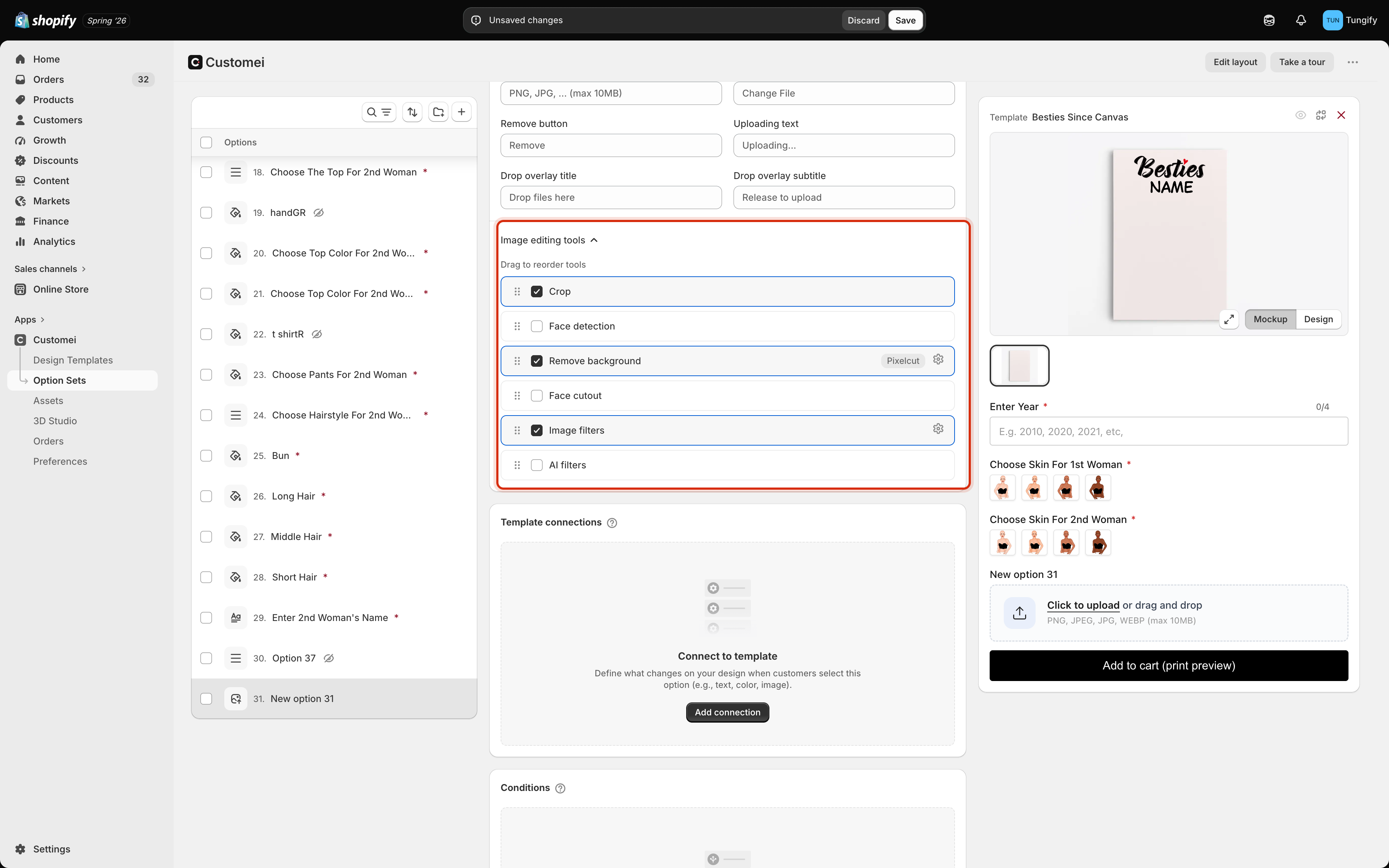 The Image editing tools block outlined, listing Crop, Face detection, Remove background, Face cutout, Image filters and AI filters, with three of them ticked and a Pixelcut badge beside Remove background.