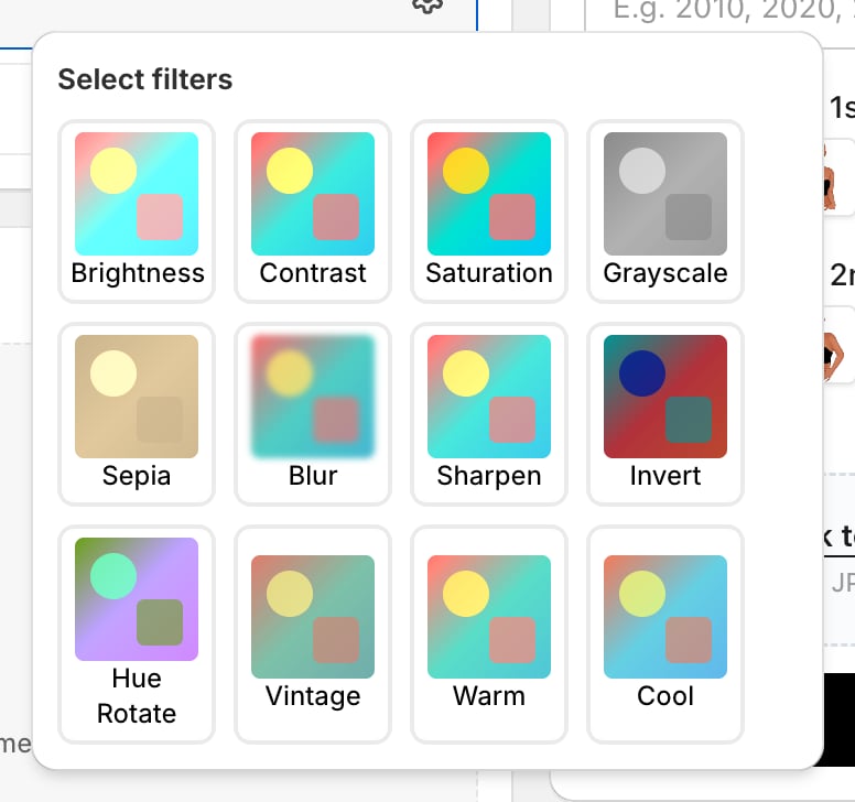 The Select filters popover showing twelve thumbnails: Brightness, Contrast, Saturation, Grayscale, Sepia, Blur, Sharpen, Invert, Hue Rotate, Vintage, Warm and Cool.