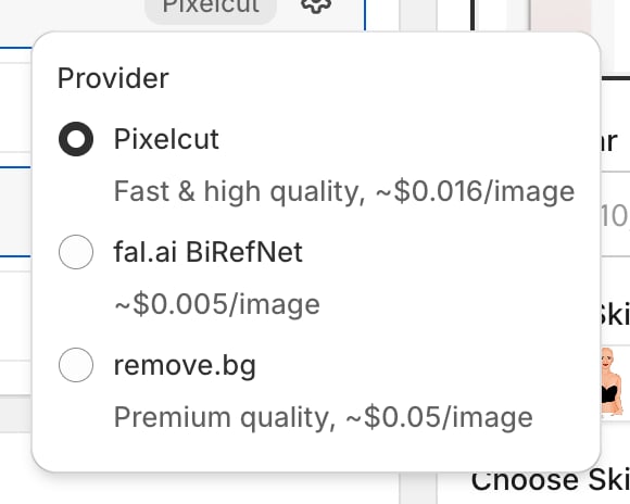 The Provider popover for Remove background, offering Pixelcut at about 0.016 dollars an image, fal.ai BiRefNet at about 0.005, and remove.bg at about 0.05.