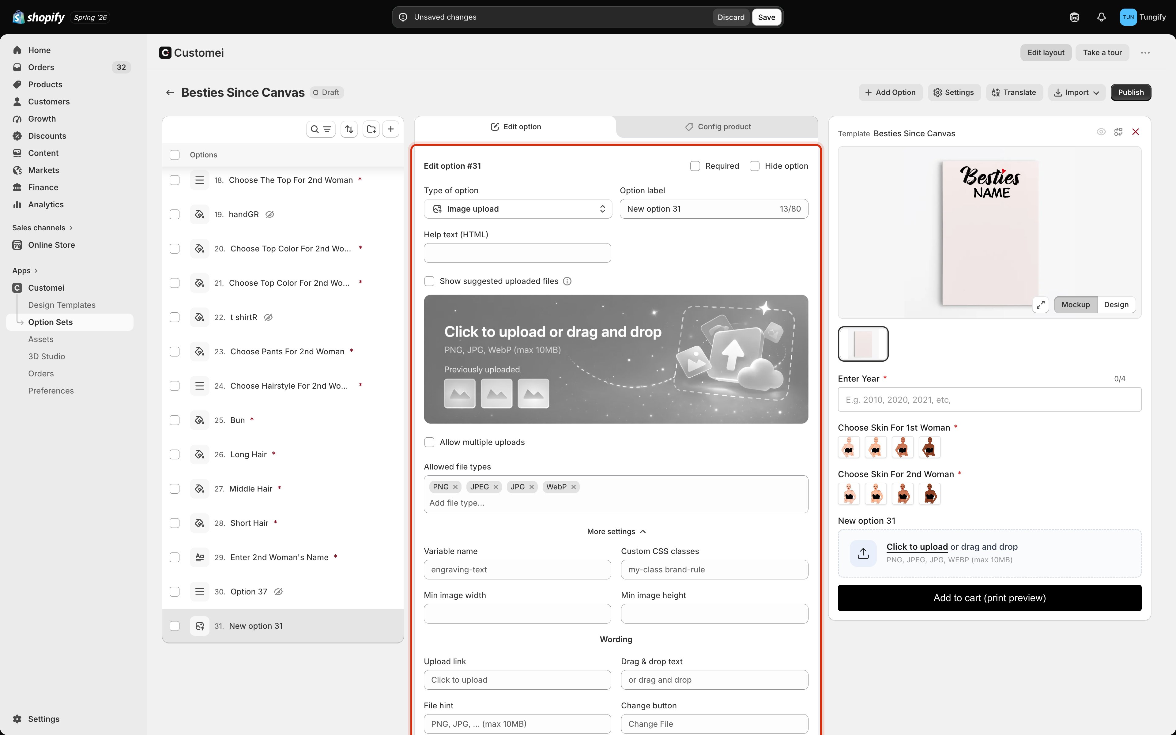 The option set editor with the image upload settings card outlined, showing Show suggested uploaded files, a preview banner reading Click to upload or drag and drop, Allow multiple uploads, Allowed file types chips and the More settings block.