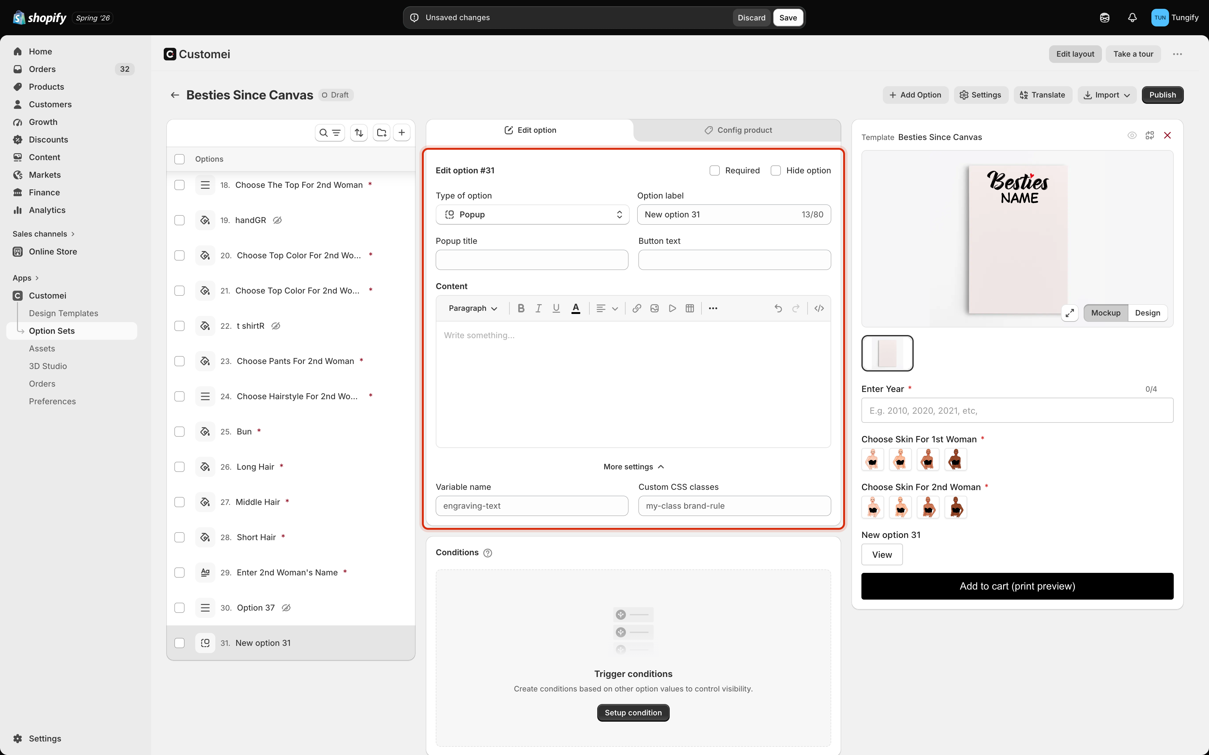 The option set editor with the popup settings card outlined, showing Popup title, Button text and a rich Content editor.