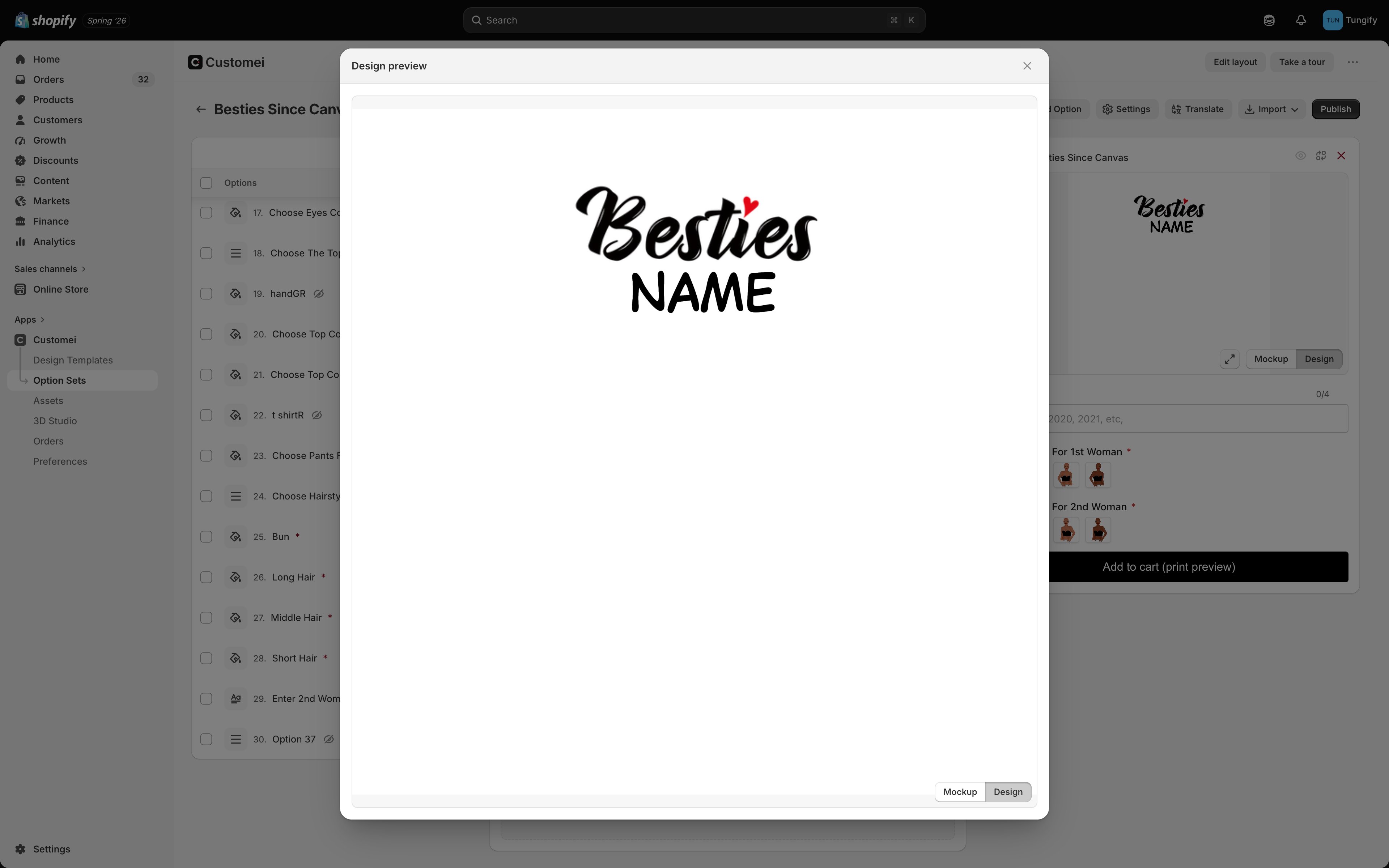 The Design preview window opened over the option set editor, showing the artwork large with a Mockup and Design toggle at the bottom right.