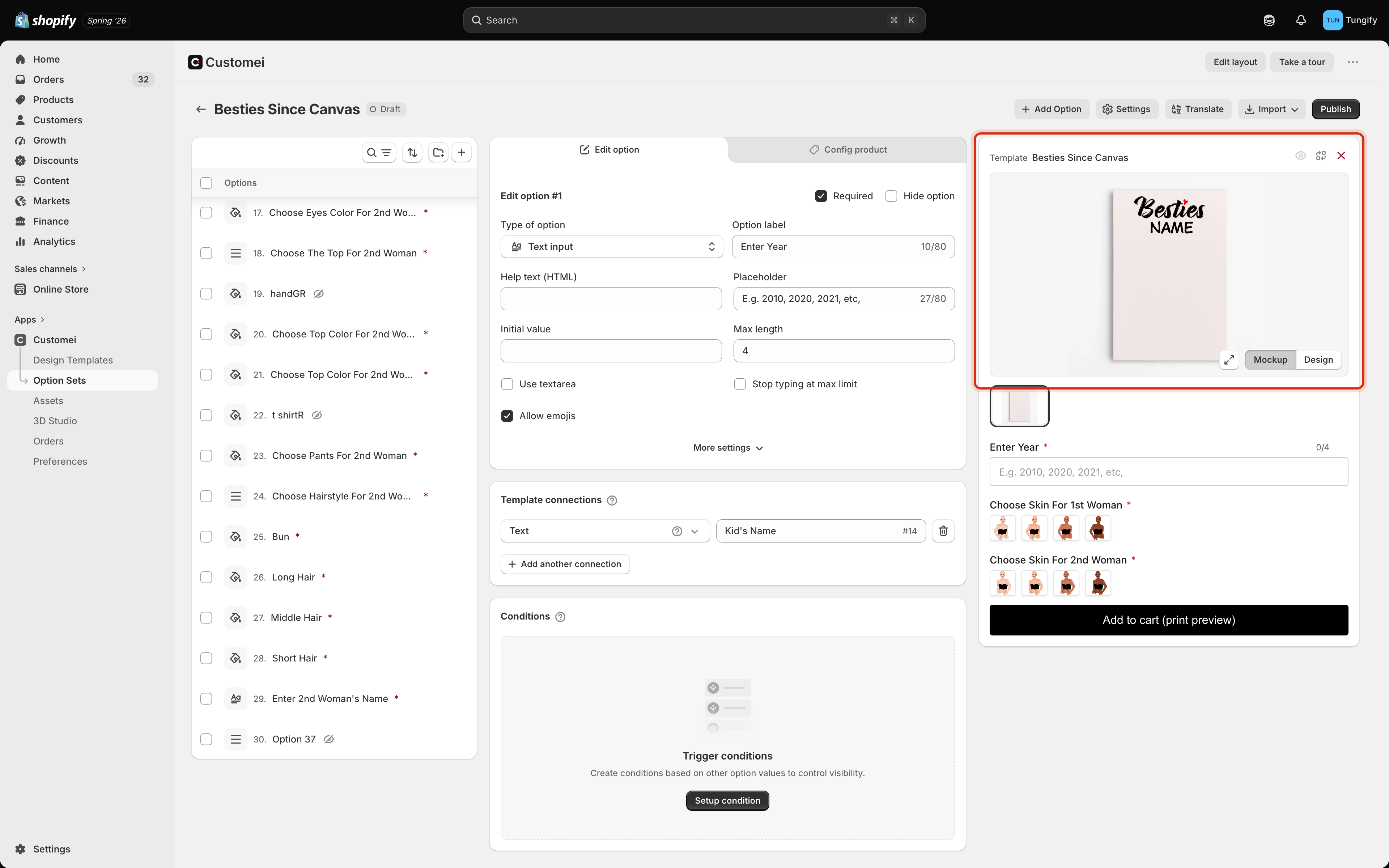 The option set editor with the top half of the preview pane outlined, showing the template name, the artwork, a Mockup and Design toggle, a thumbnail strip, then the shopper form with Enter Year and two skin swatch questions and an Add to cart print preview button.