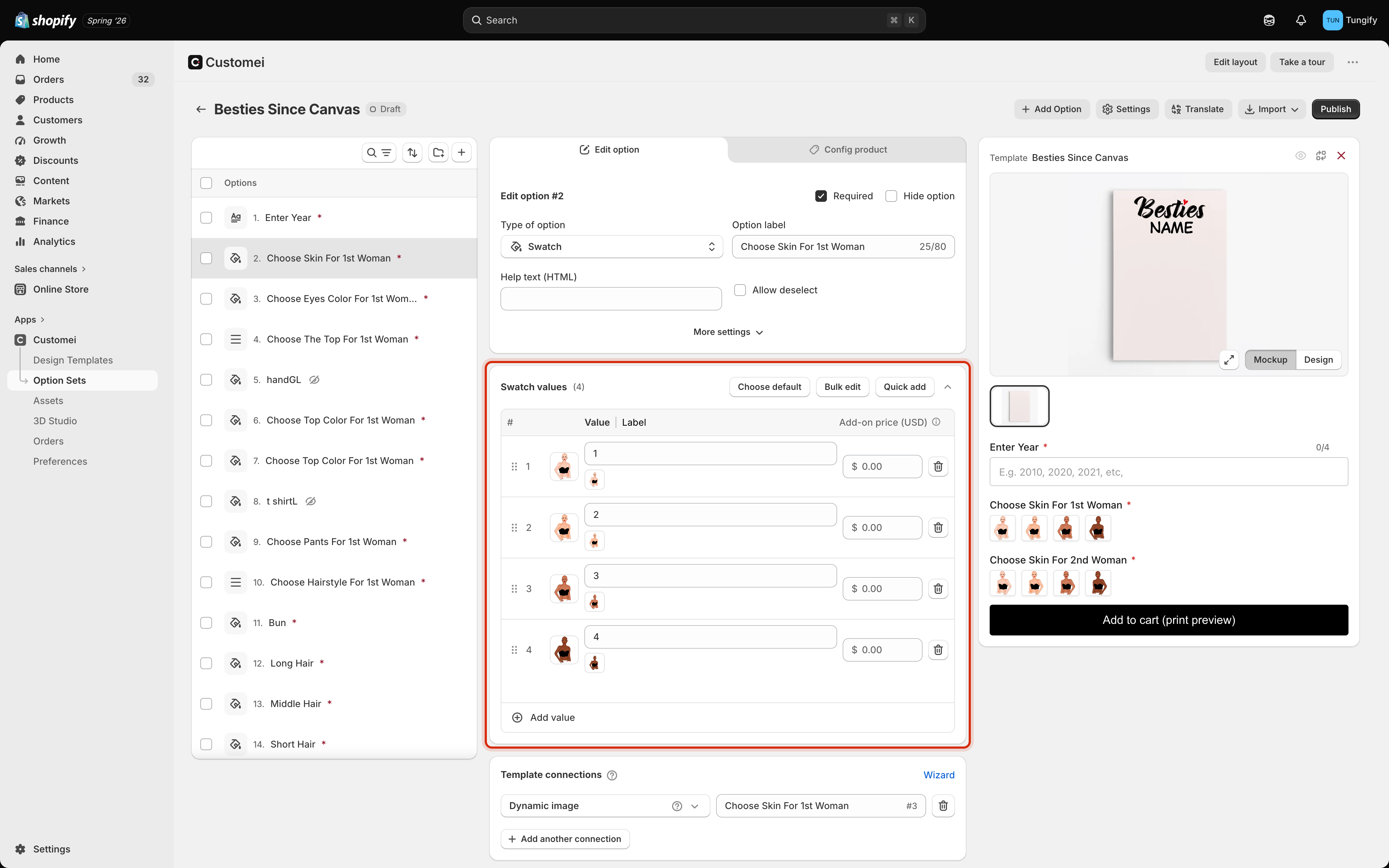 The option set editor with the Swatch values card outlined, showing Choose default, Bulk edit and Quick add buttons above four rows, each with a drag handle, a swatch thumbnail, a value box, an add-on price box and a bin icon.