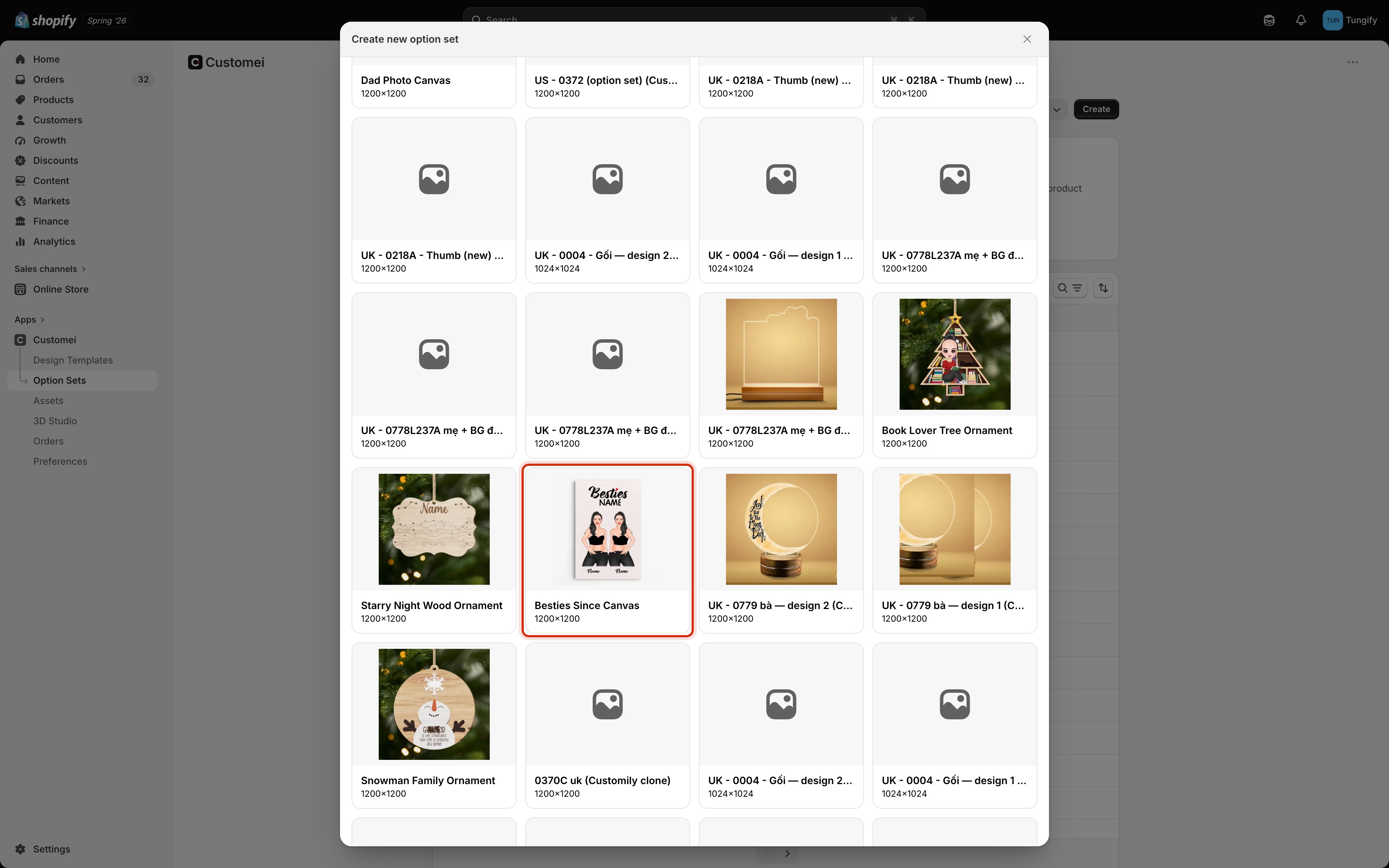 The Create new option set dialog showing a grid of design template cards, with the Besties Since Canvas card highlighted.