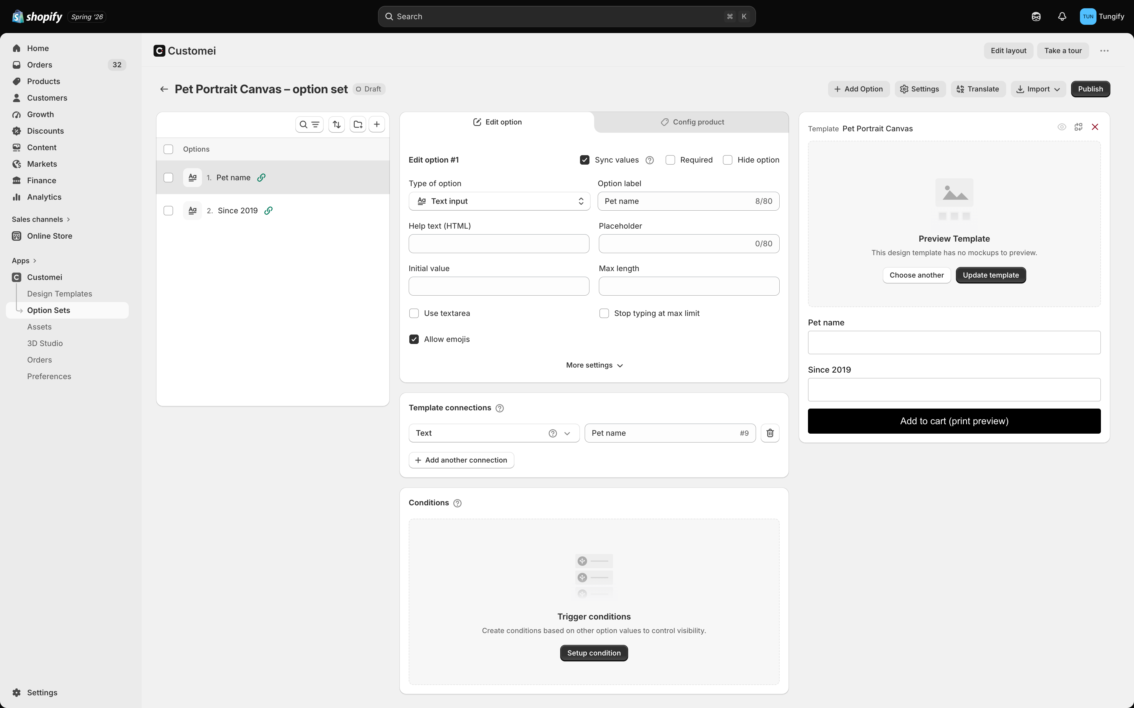 An option set built from a template, listing the questions Pet name and Since 2019, each with a small link icon showing it is joined to a layer.