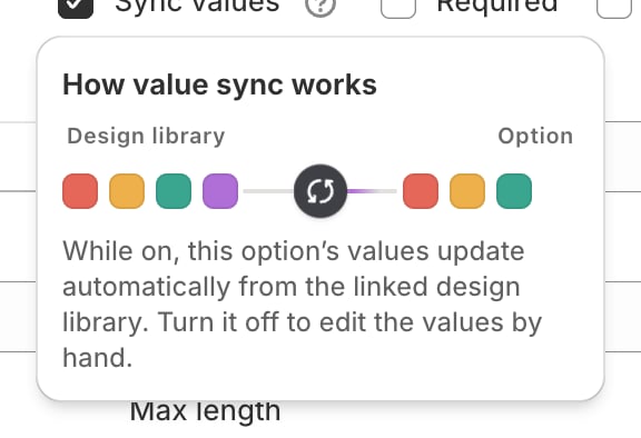A popover titled How value sync works showing coloured swatches flowing from a Design library into an Option, with the text While on, this option's values update automatically from the linked design library.