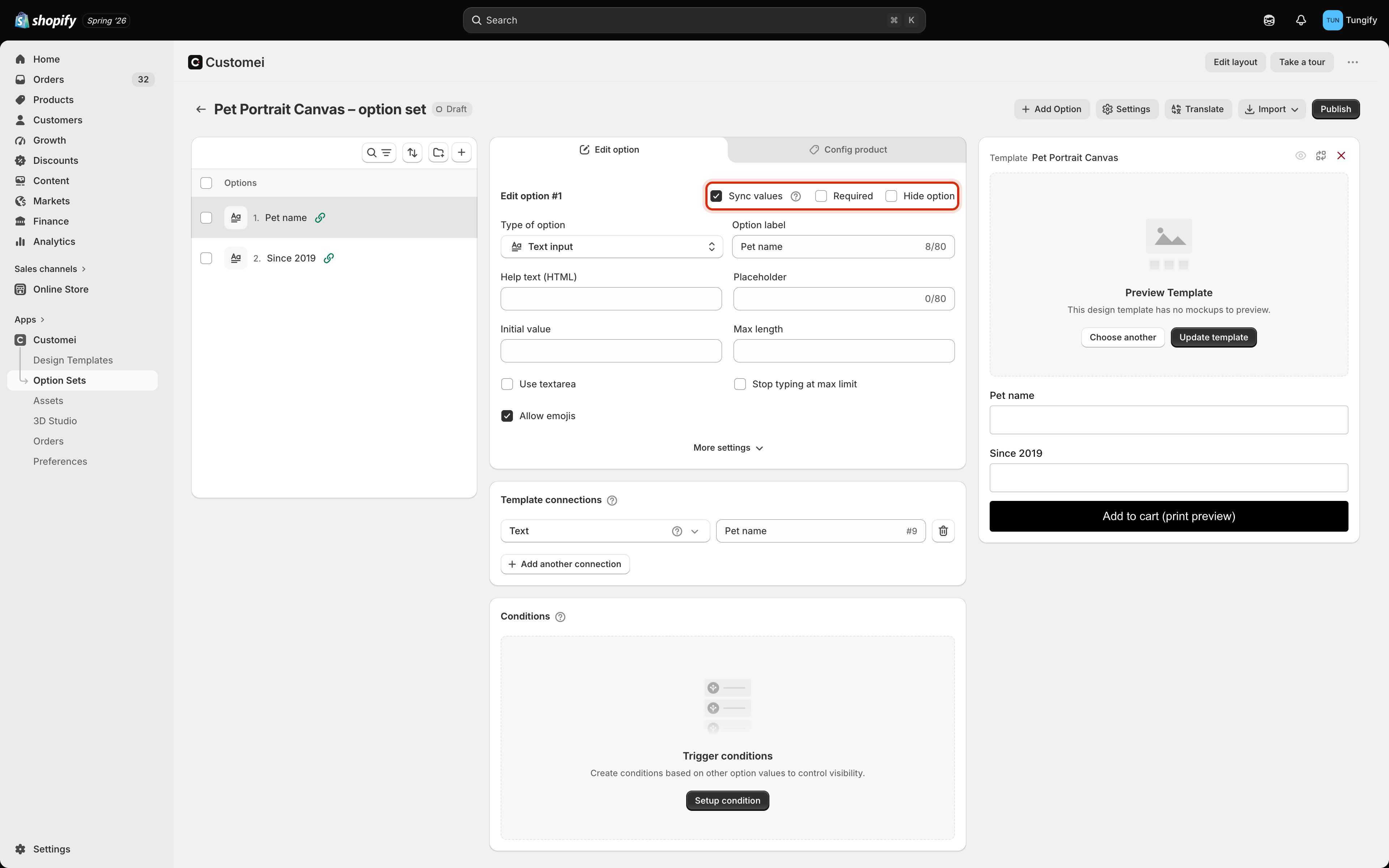 An option set editor with the Sync values checkbox highlighted at the top of the option settings panel, next to Required and Hide option.