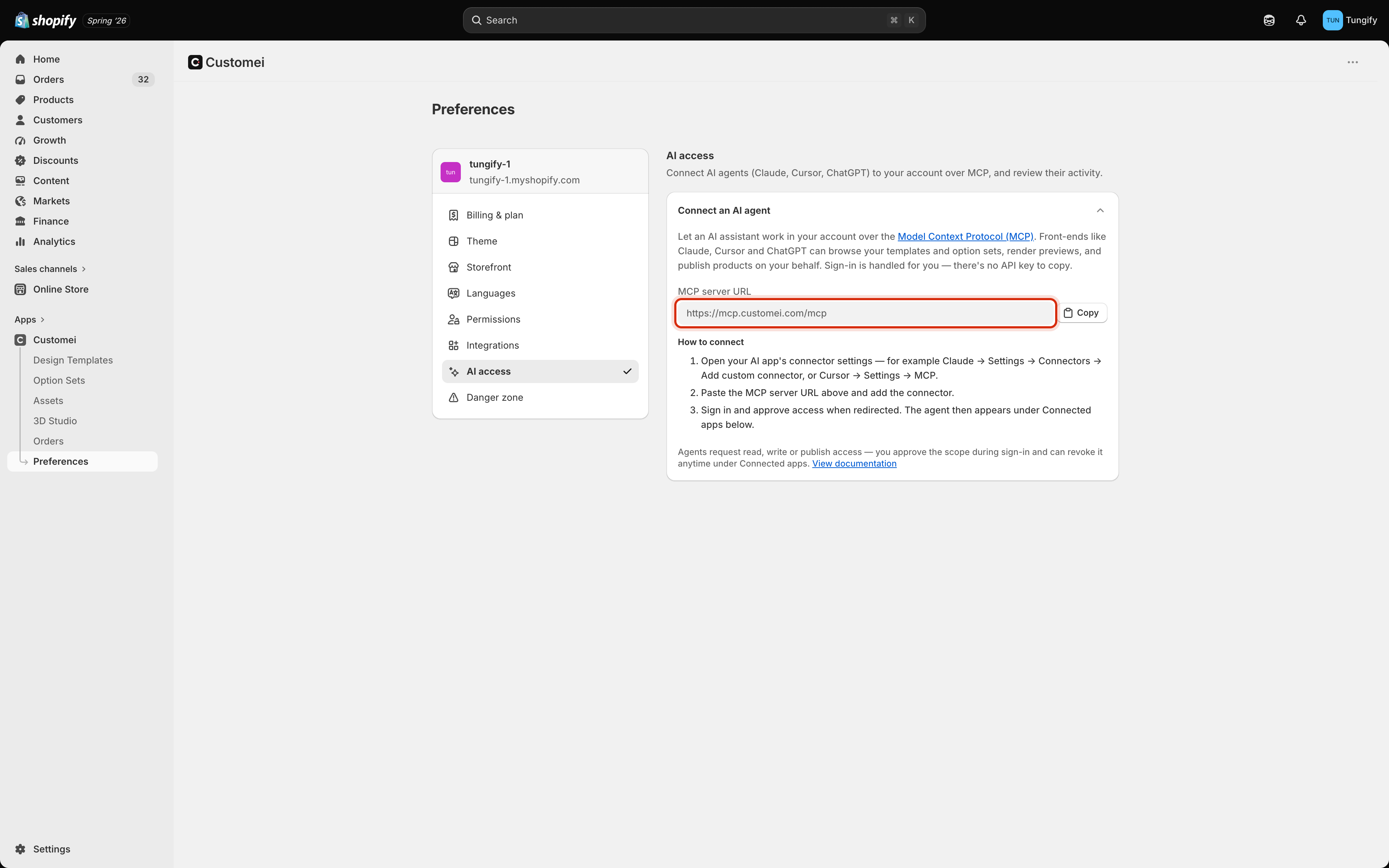 The AI access tab in Customei preferences showing the Connect an AI agent card, the MCP server URL field highlighted with a Copy button, and three numbered steps for connecting.