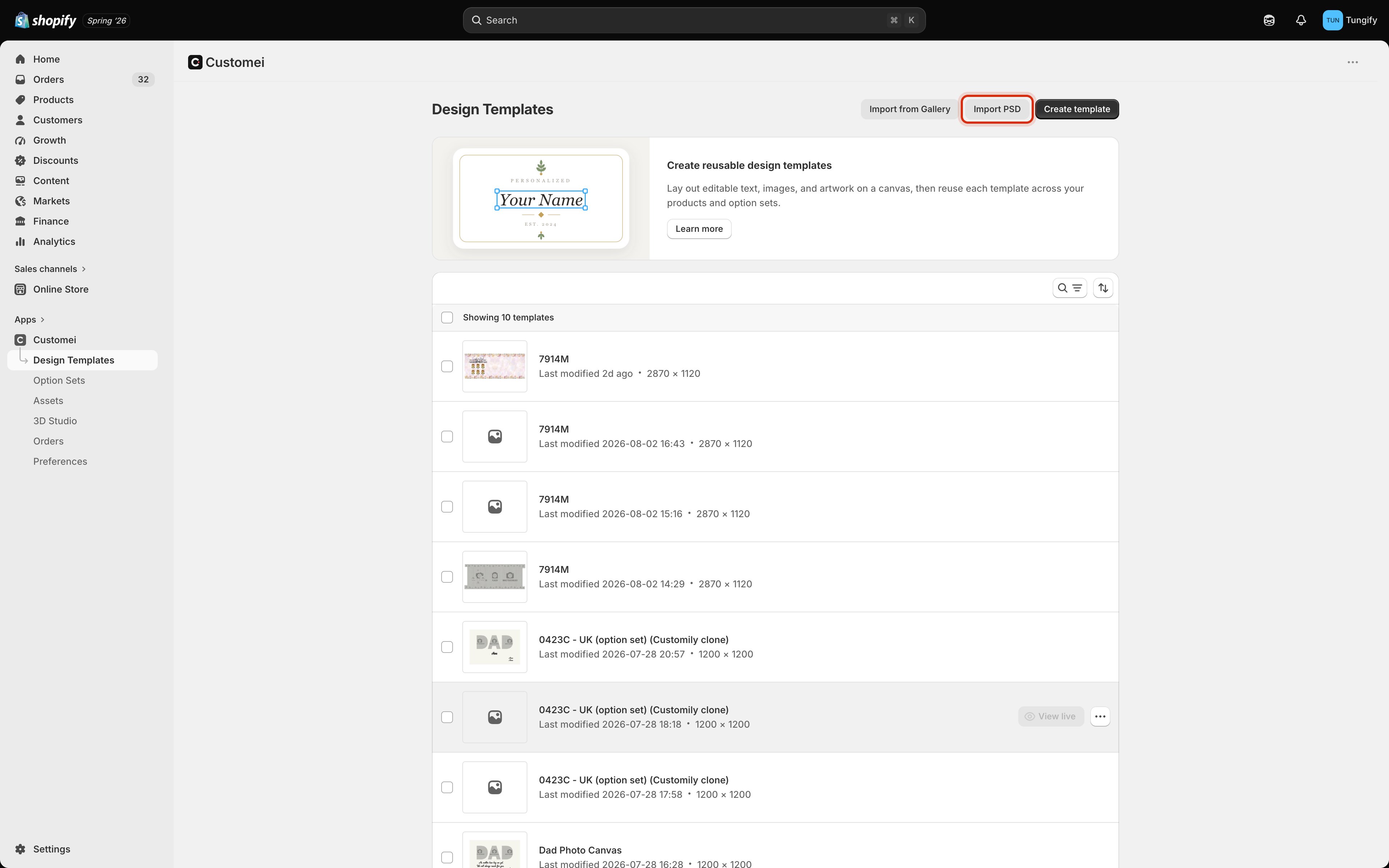The Design Templates page in Shopify admin with the Import PSD button highlighted in the top right, next to Import from Gallery and Create template.