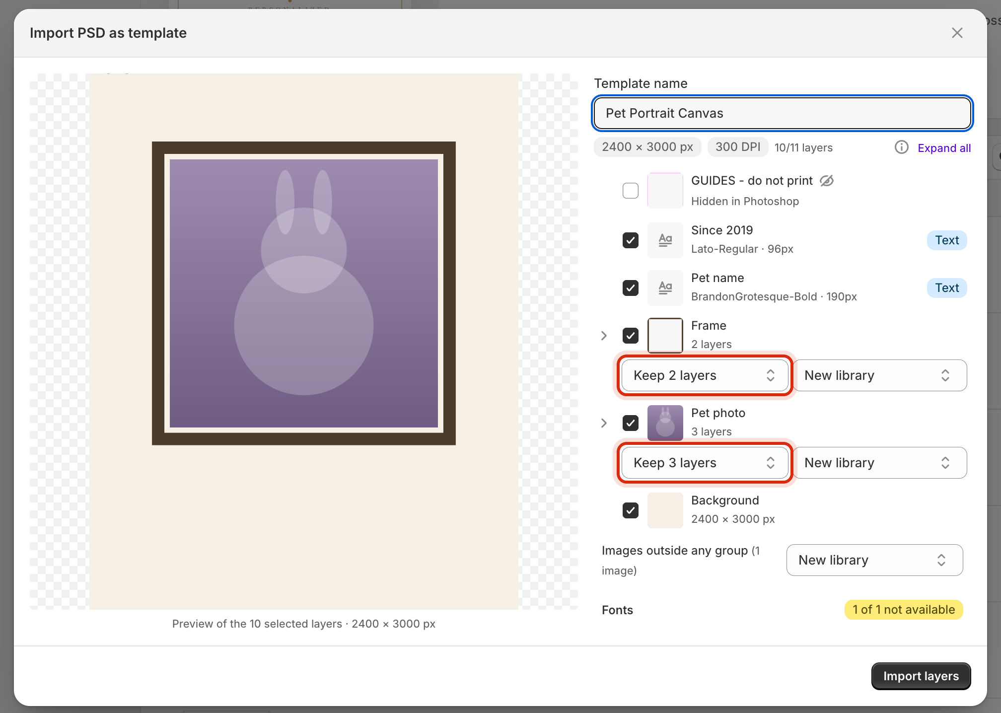 The PSD import review list with the Keep 2 layers and Keep 3 layers dropdowns highlighted, each next to a New library picker.