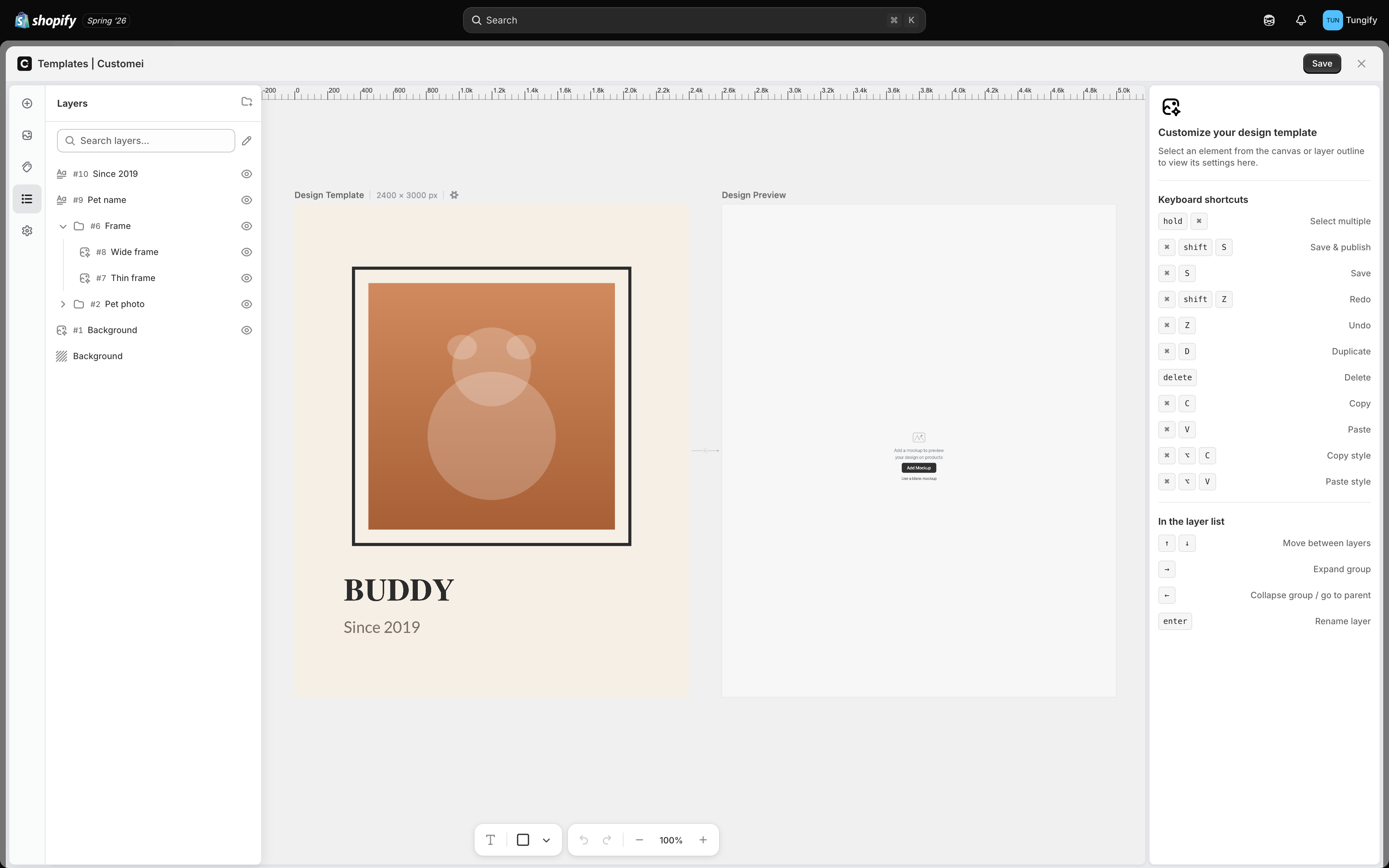 The template editor showing the imported Pet Portrait Canvas with a layers panel listing Since 2019, Pet name, a Frame group containing Wide frame and Thin frame, a Pet photo group, and Background.