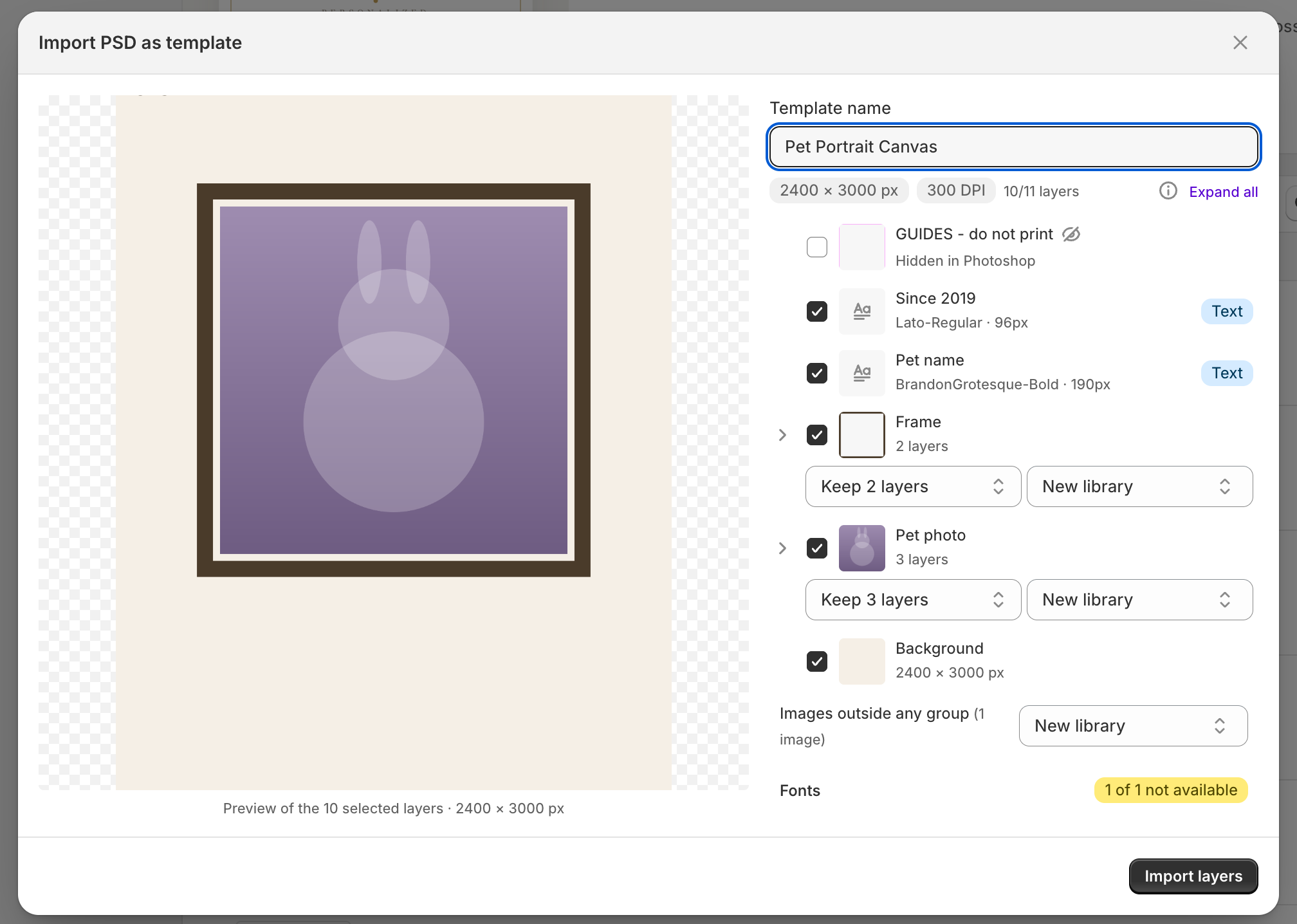 The review step of the PSD import, showing a pet portrait canvas preview on the left and on the right a template name field, size and DPI badges, and a list of layers with checkboxes.
